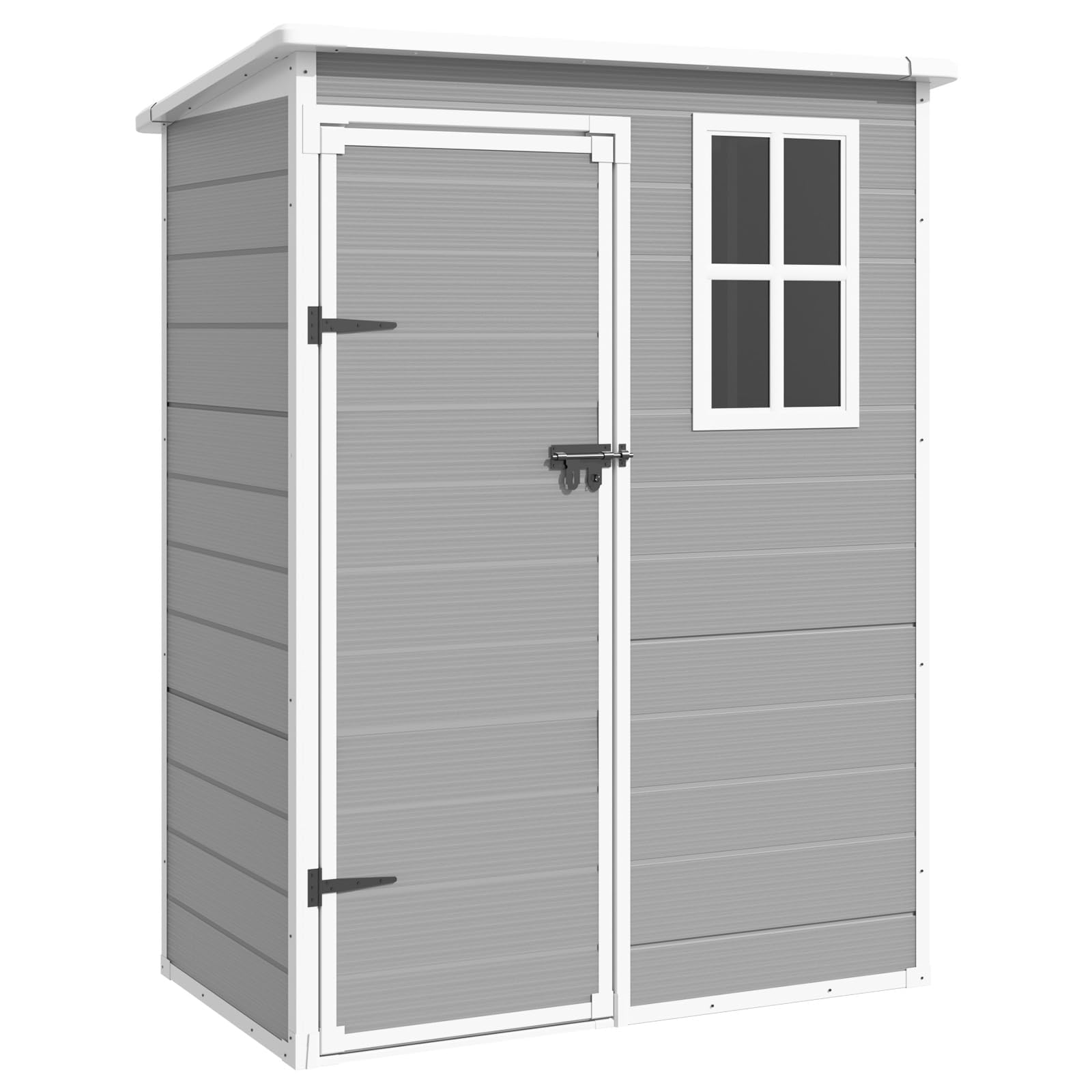 5x3FT Outdoor Storage Shed with Floor - Waterproof Plastic Tool Shed with Lockable Door & Window for Bike, Garbage Cans & Garden Accessories (Grey & White) - Perfect for Backyard, Patio & Garage Organization