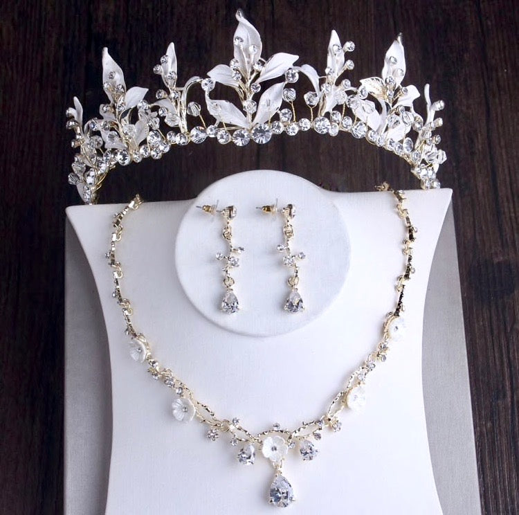 Kariyah Gold Bridal 3 Piece Jewelry Set With Tiara - Elegant Wedding Jewelry for Brides, Bridesmaids & Special Occasions