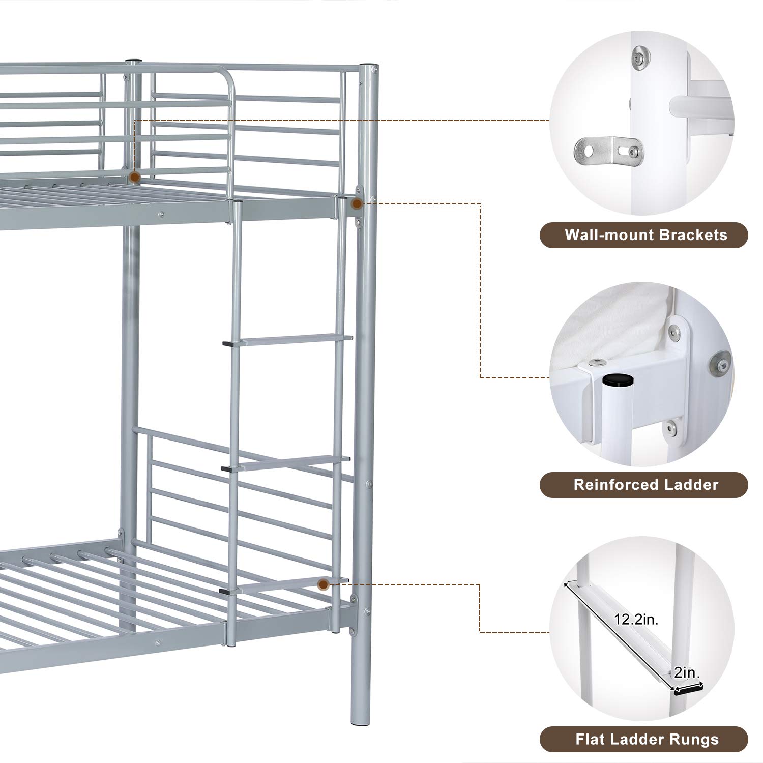 Bonnlo Twin Over Twin Metal Bunk Bed with High Guard Rail & Non-Slip Steps - Heavy Duty Gray Bunk Beds for Kids, Teens & Adults - Perfect for Dorms, Small Bedrooms & Space-Saving Kids' Rooms