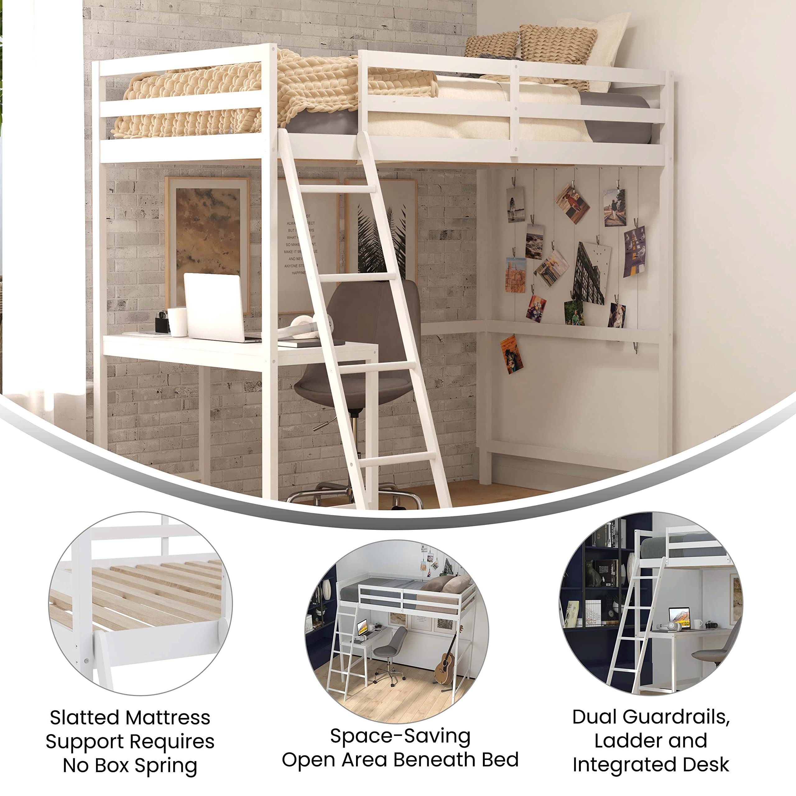 Emma & Oliver Ridley Twin Size Loft Bed with Built-in Desk - White Pine Wood Frame with Safety Guardrails - Fits 6-8