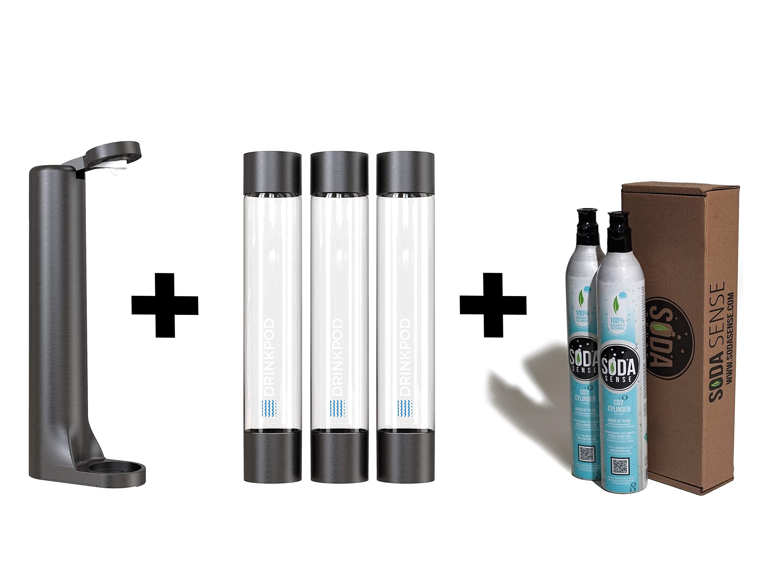 FIZZpod Soda Maker Machine - 60L CO2 Carbonated Drink Maker with 3 BPA-Free Bottles & Caps | Make Sparkling Water, Soda, Cocktails at Home | Perfect for Kitchen, Office, Parties (Black, Includes 2 CO2 Cylinders)