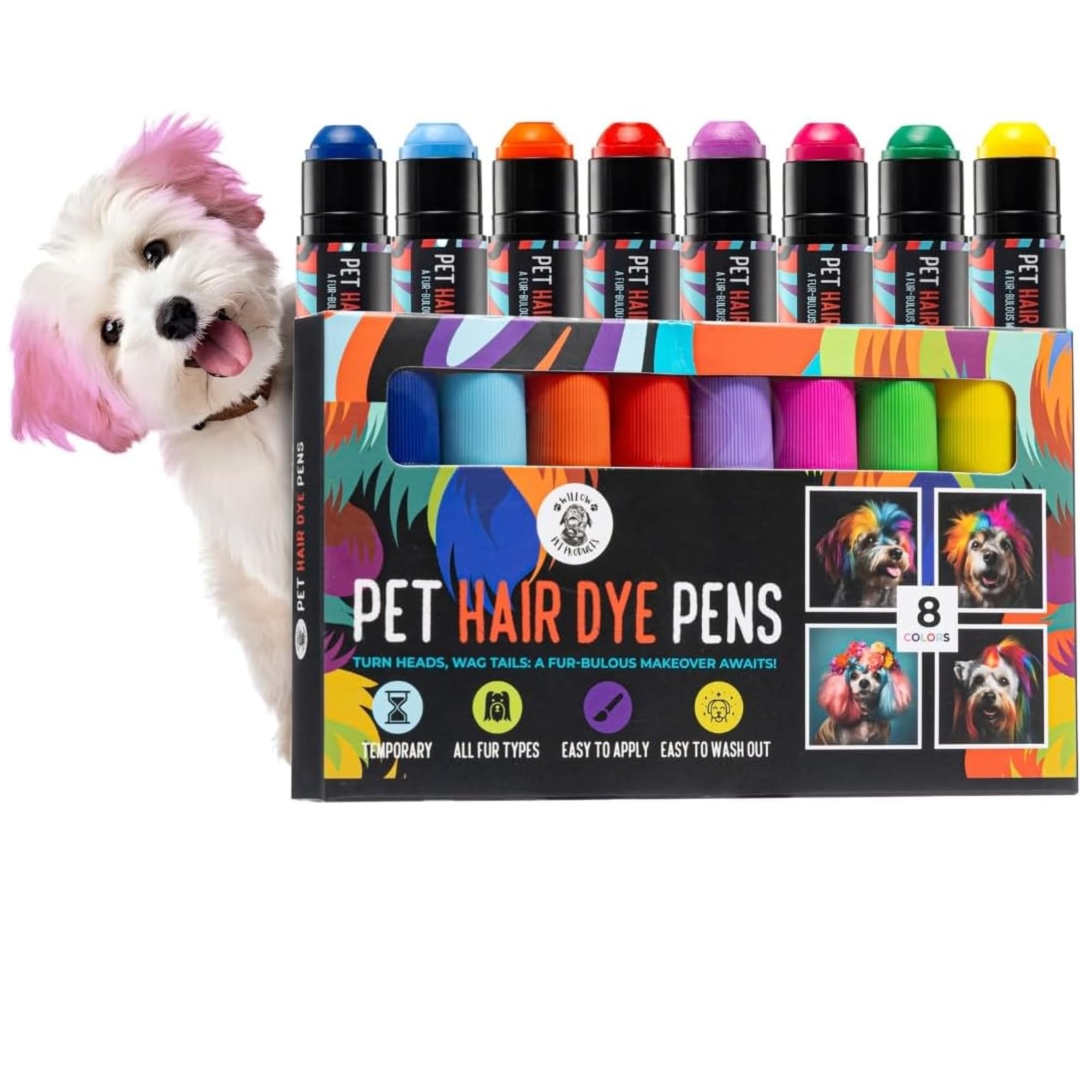 8 Color Dog Safe Hair Dye - Non-Toxic Temporary Pet Fur Dye for Dogs & Horses | Safe for Pet Grooming, Costume Parties & Creative Styling
