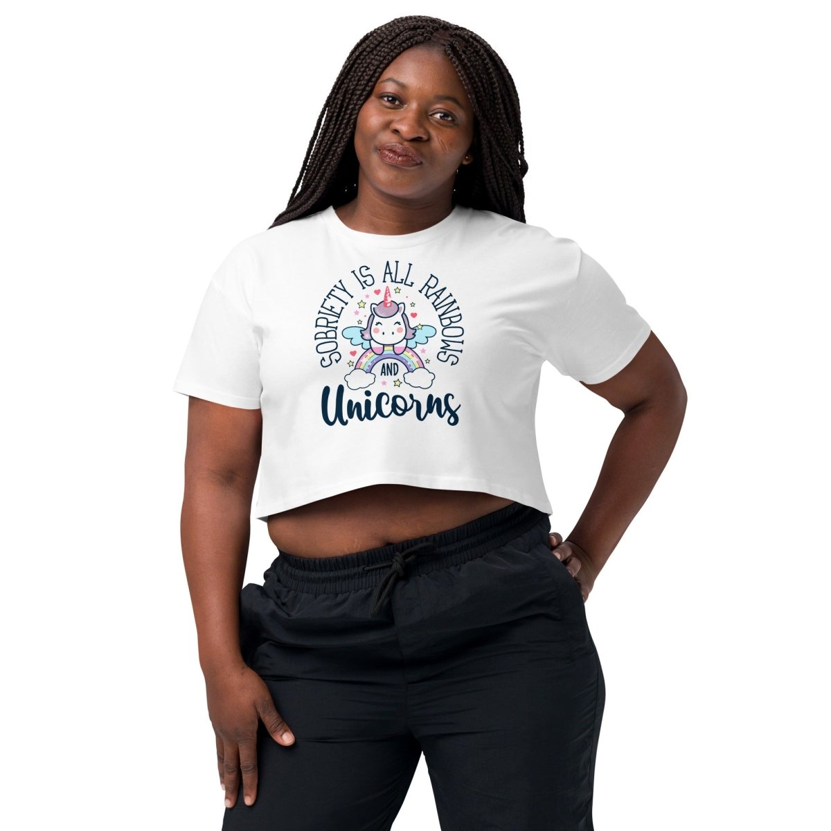 Women's Sobriety is All Rainbows and Unicorns Crop Top - Cute Casual Summer Shirt for Music Festivals & Beach Outings
