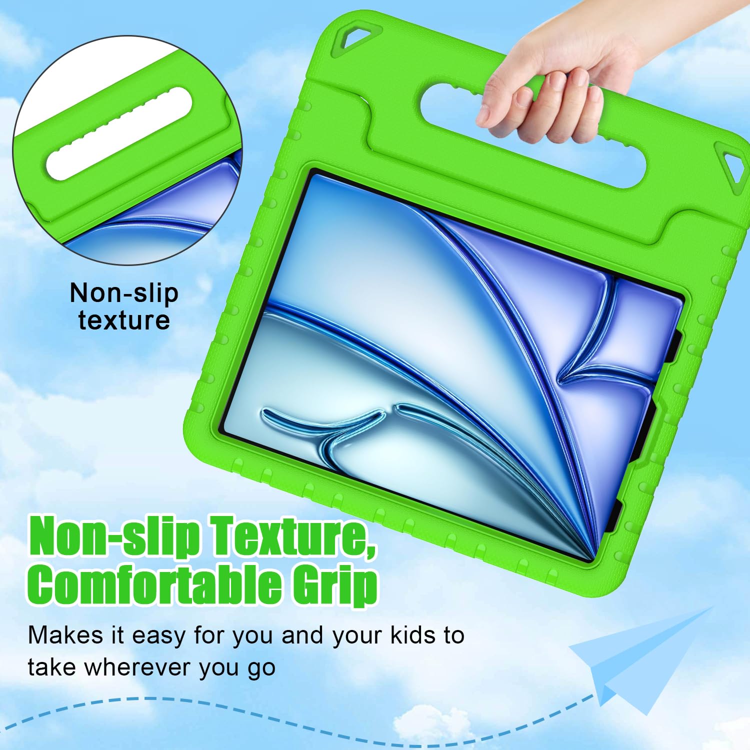 BMOUO Shockproof Kids Case for iPad Air 11-inch M3 (2025) / M2 (2024), iPad Air 5th Gen (2022) / Air 4th Gen (2020) 10.9 Inch - Convertible Handle Stand Protective Cover for Children, Green - Perfect for Home Learning, Travel & Playtime