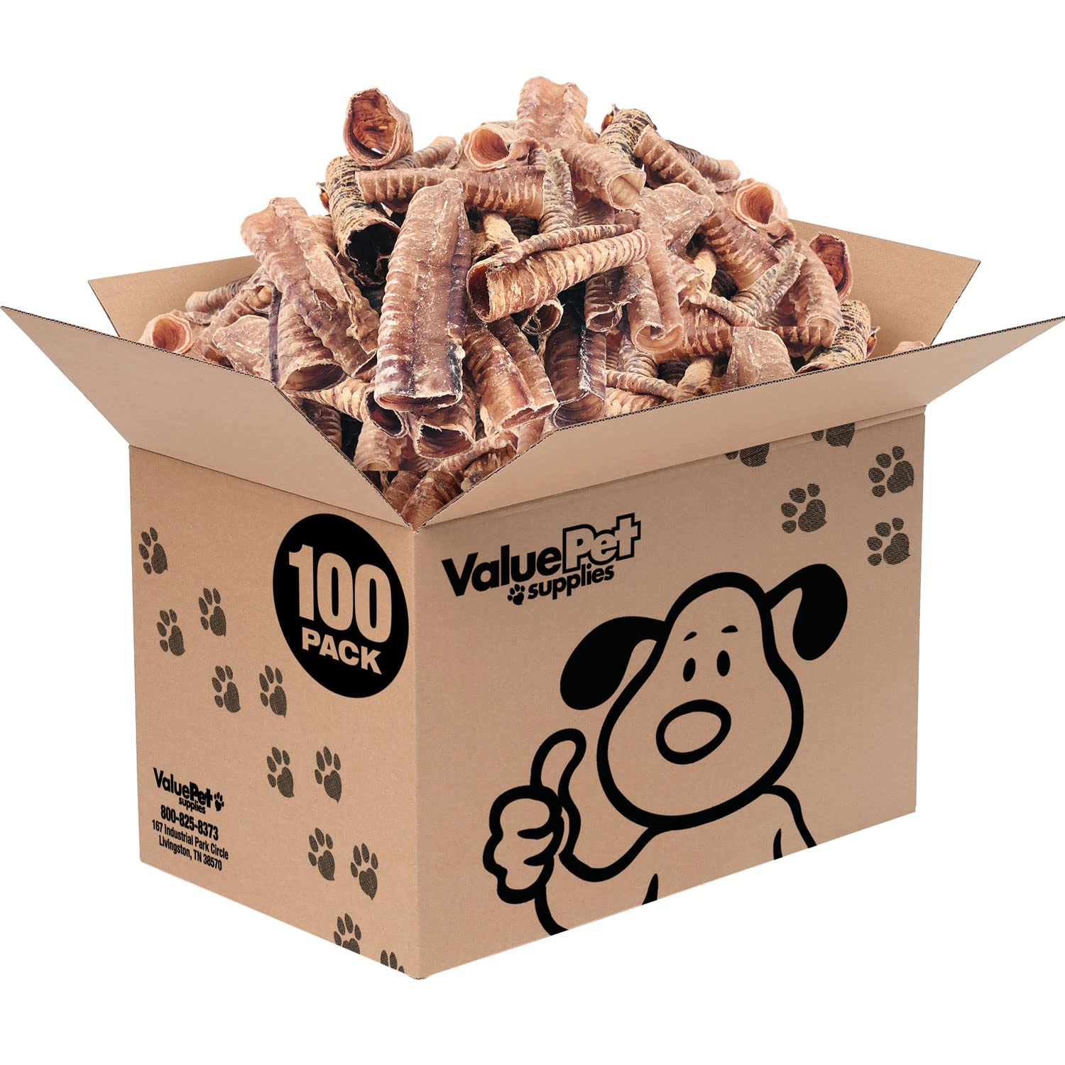 Premium 5-6 Inch ValueBull Beef Trachea Dog Chews - 100 Count Bulk Pack, Single Ingredient, Grass-Fed Angus Beef - Perfect for Dental Health & Long-Lasting Chewing for Medium to Large Dogs