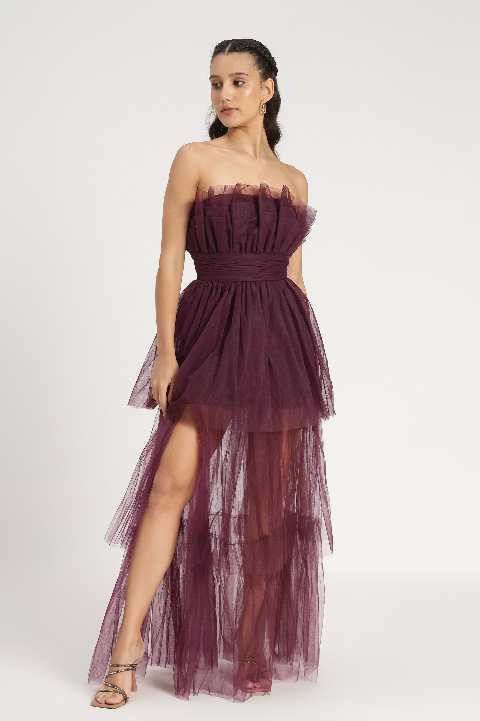 Natalia Elegant Plum Tulle Maxi Dress for Women - Perfect for Weddings, Prom, and Evening Parties