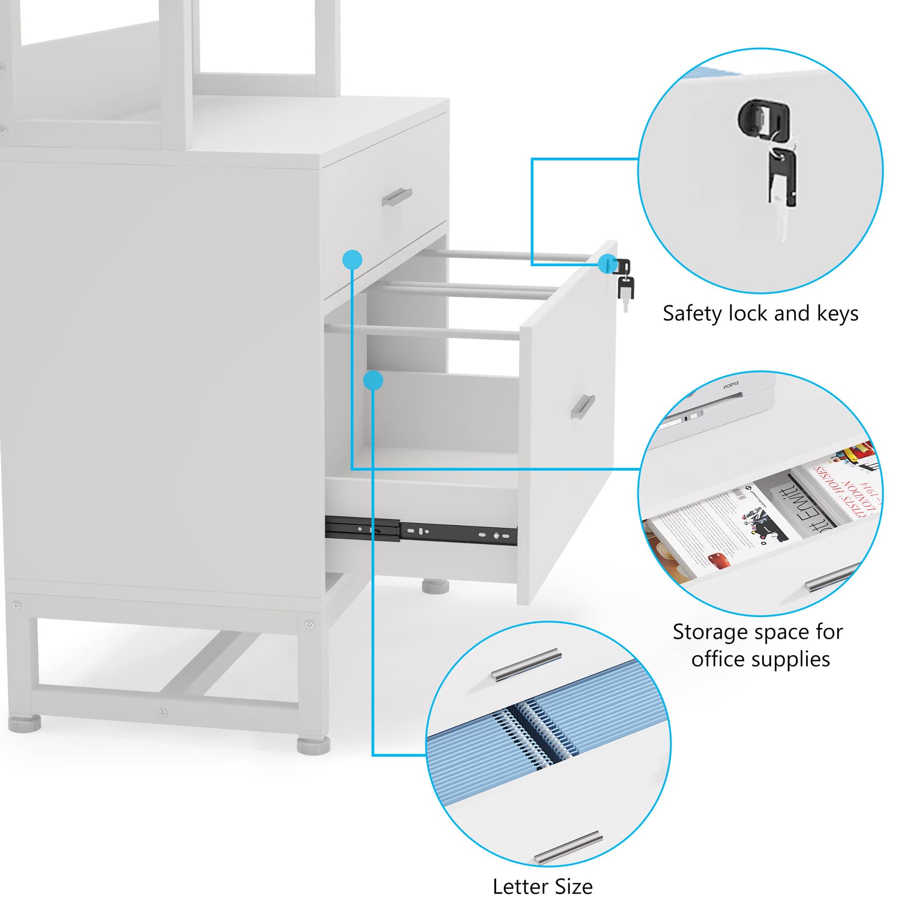Tribesigns 2-Drawer Locking File Cabinet with Bookshelf - Letter Size Vertical Filing Cabinet, Modern Office Storage with Open Shelves for Printer & Supplies - Perfect for Home Office Organization (White)