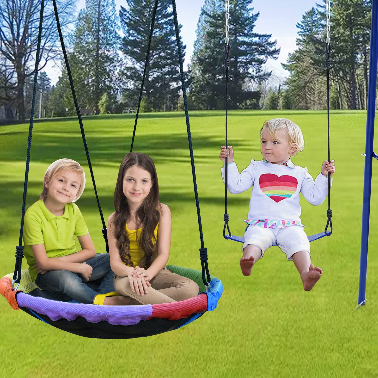 Heavy-Duty Metal A-Frame Swing Set for Backyard - 440lbs Capacity with Saucer Swing & Belt Seat - Perfect for Outdoor Play, Kids Playground, and Family Fun Activities