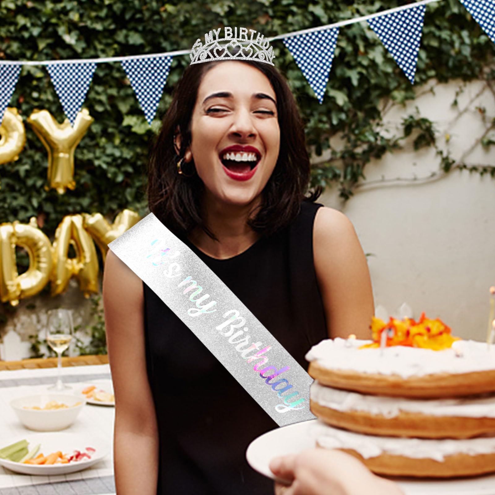 Birthday Sash & Rhinestone Tiara Set for Women - Silver Glam Birthday Crown & Decorations - Perfect for Birthday Parties, Bachelorette, and Special Celebrations