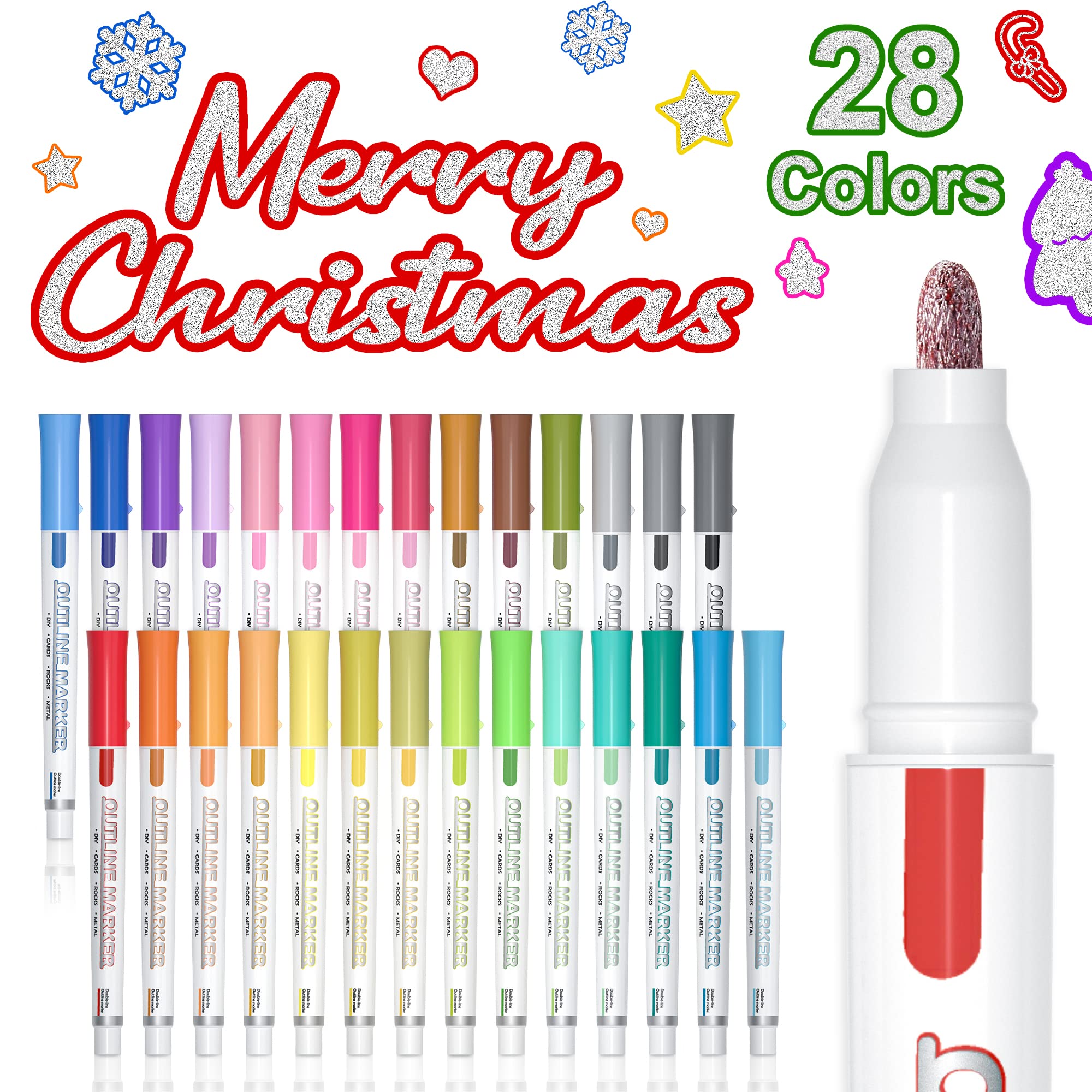 Shuttle Art 28 Colors Double Line Outline Permanent Markers Set - Metallic Shimmer Markers for Drawing, Doodling & DIY Crafts (Perfect for Card Making, Christmas Cards, Scrapbooking & Art Projects)
