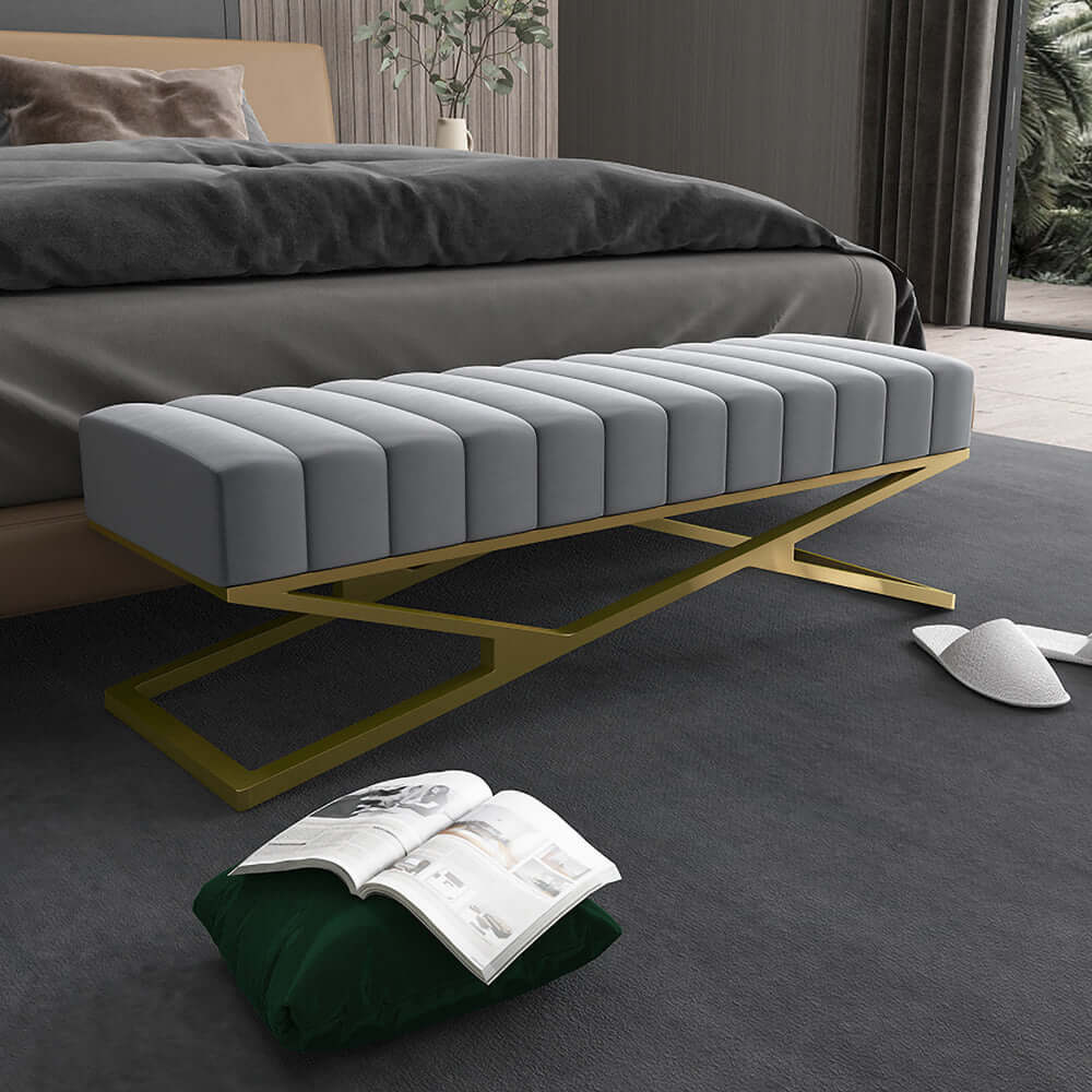 Modern Velvet Upholstered Bedroom Bench with Gold X Base - Orange Storage Ottoman for Bedroom, Living Room & Entryway - Perfect for Seating, Decor & Extra Storage