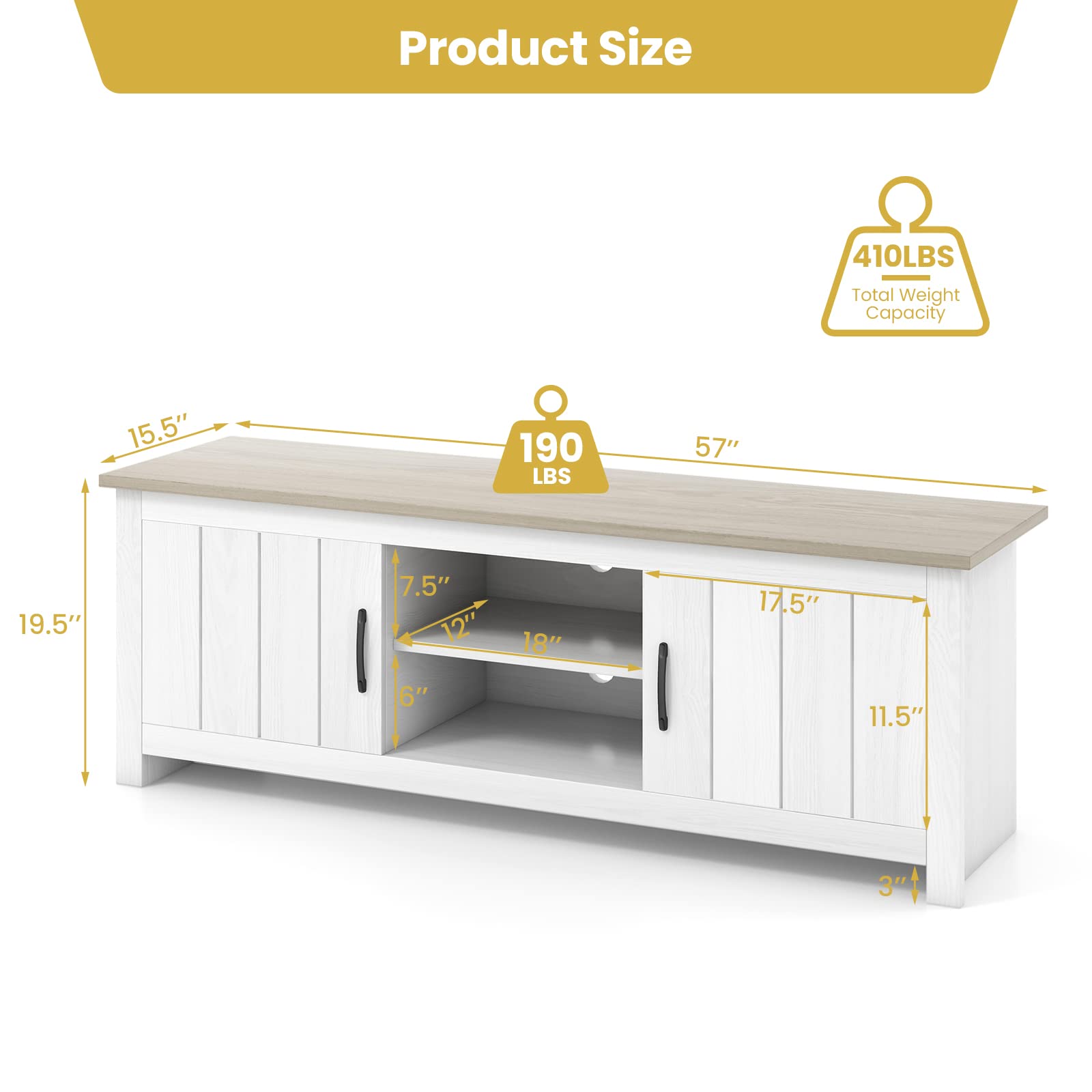 Tangkula 65 Inch TV Stand with 2 Doors & Open Shelves - Wooden Media Console for Living Room, 2 Storage Cabinets & Cable Management Holes - Perfect for Home Theater & Entertainment Systems (White Oak Finish)
