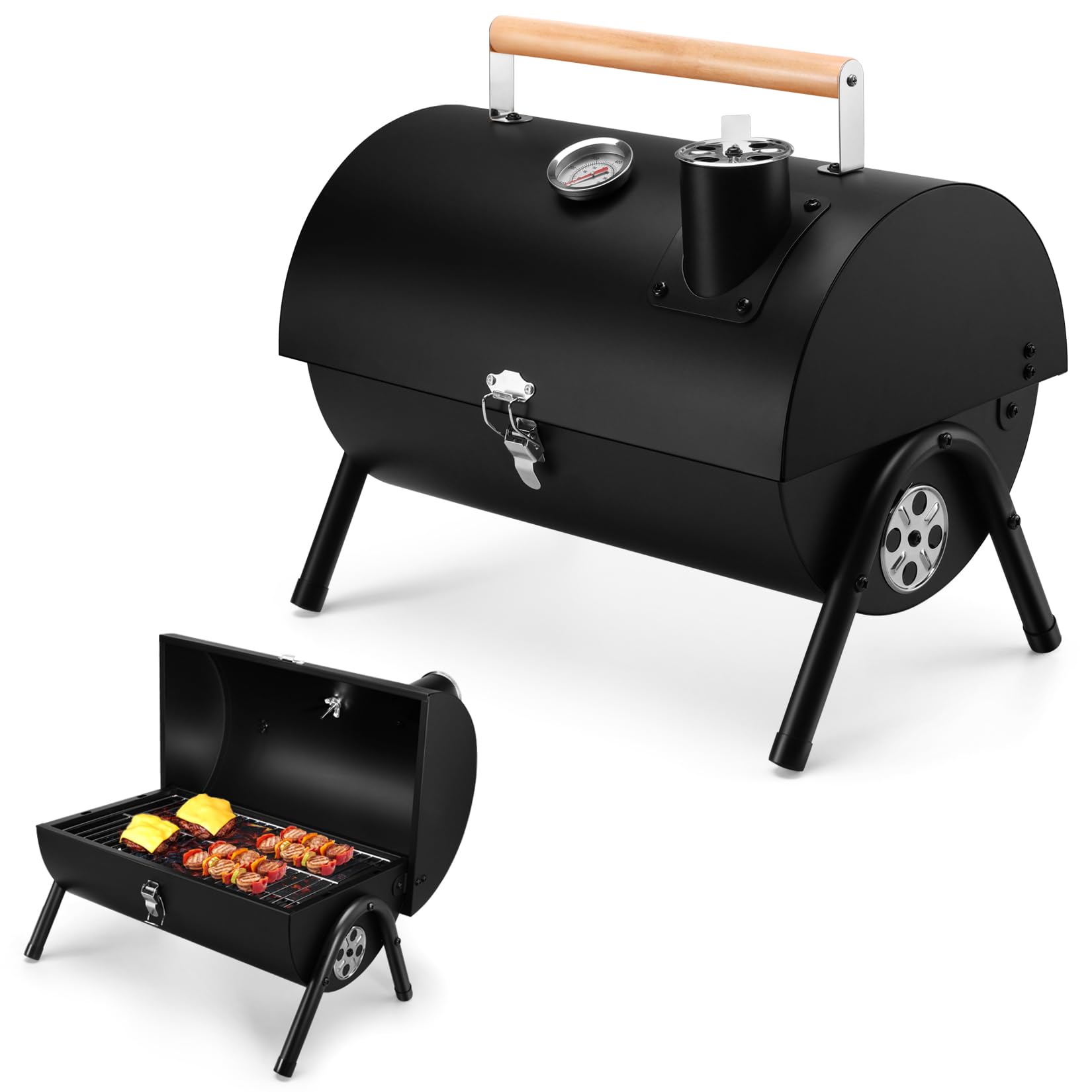 Joyfair Portable Charcoal Grill with Built-in Thermometer - Heavy Duty Stainless Steel Tabletop BBQ Grill for Outdoor Camping, Backyard Parties, Picnics & Tailgating - Easy Assembly & Innovative Design - Perfect for Grilling Burgers, Steaks, Vegetables & Seafood