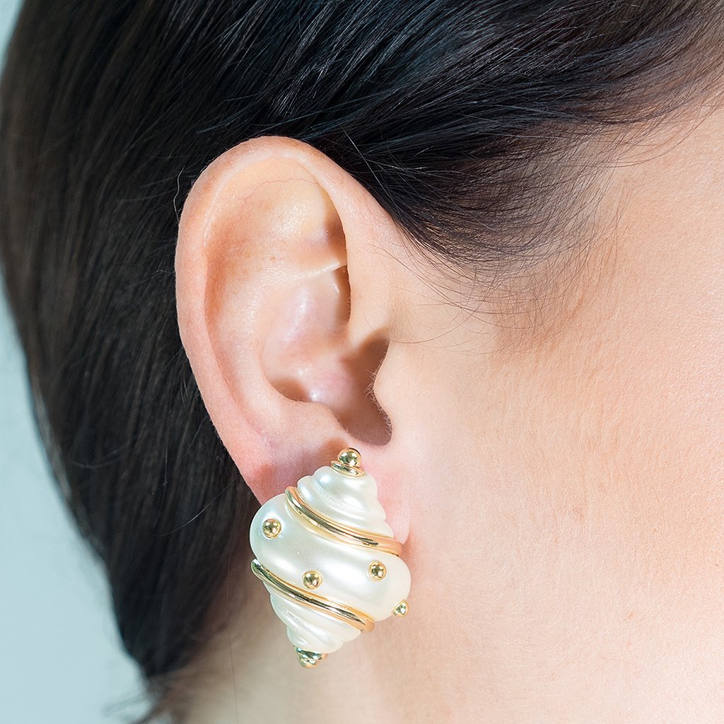 Kenneth Jay Lane Gold & Pearl Seashell Clip-On Earrings – Elegant Pearl & Gold Accent Jewelry for Women – Perfect for Weddings, Parties & Beach Vacations