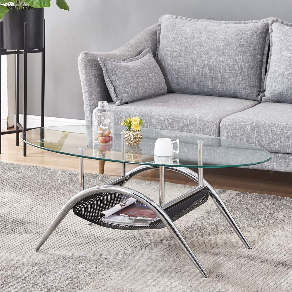 Modern Oval Coffee Table with Tempered Glass Top - Round Oval Center Table for Living Room, Bedroom & Lounge - Perfect for Sofa Side, Cocktail Parties & Home Decor