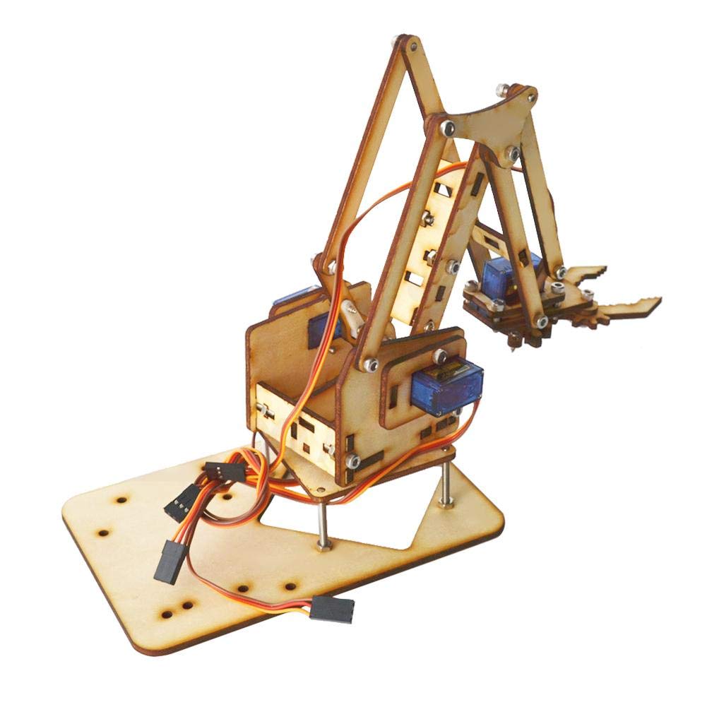 4 DOF Wooden Robotic Mechanical Arm with SG90 Servo - Compatible with Arduino & Raspberry Pi - Single Arm Desk Mount Stand for DIY Robotics Projects - Perfect for STEM Education, Coding Practice & Home Automation