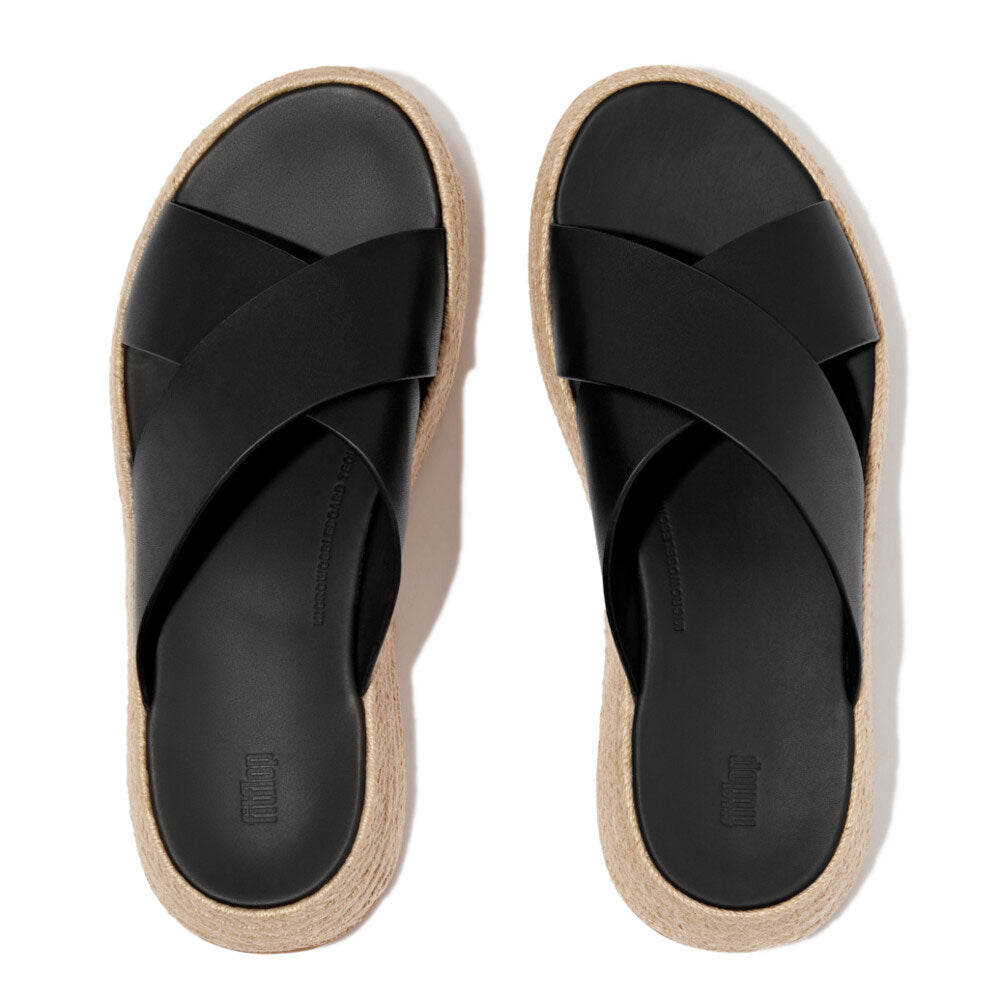 FitFlop F Mode Espadrille Leather Flatform Sandals for Women - Comfortable Black Summer Wedge Sandals | Perfect for Beach, Vacation & Casual Outings