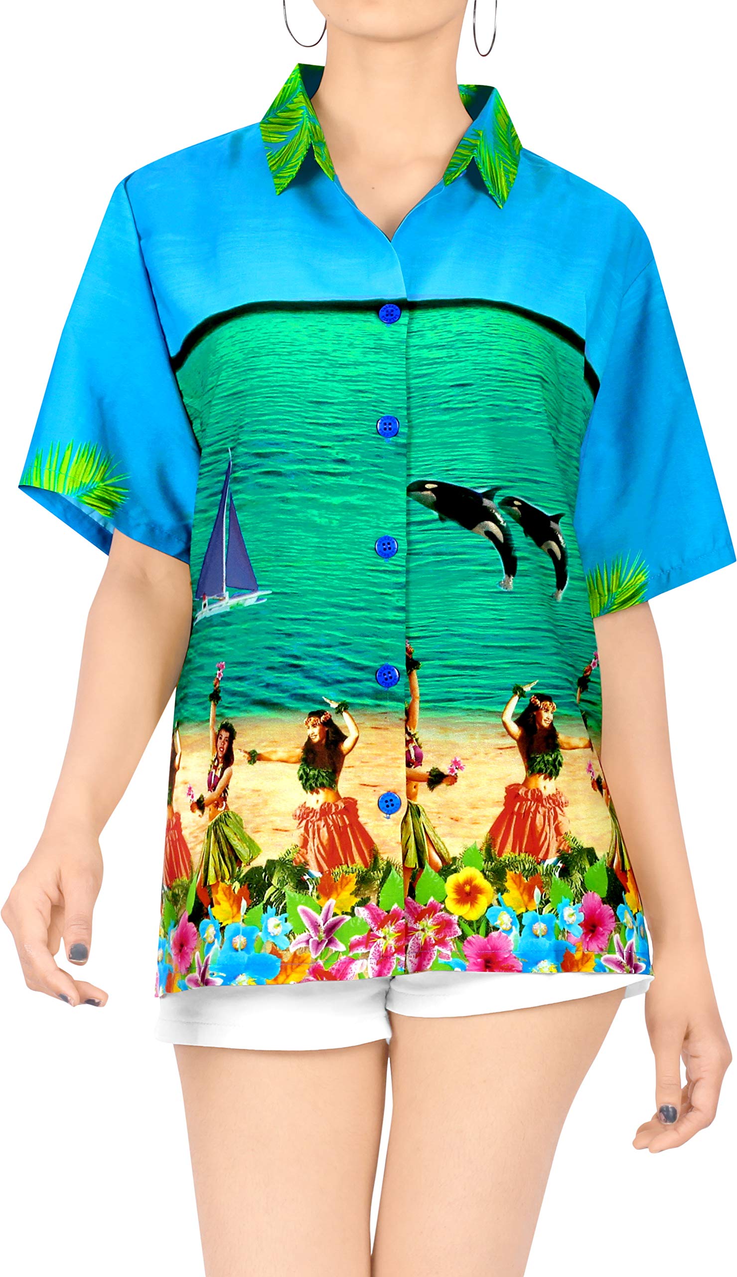 LA LEELA Women's Hawaiian Button Up Blouse - Floral Print Overshirt for Beach Vacation & Summer Outfits