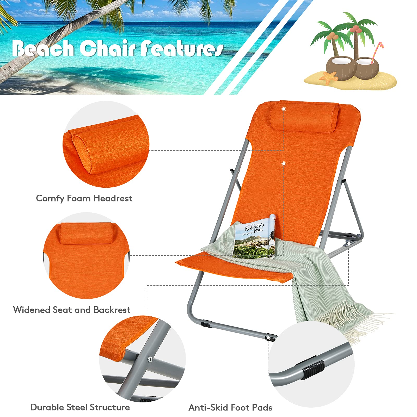 GYMAX 2-Pack Adjustable Beach Chairs for Adults - Portable Folding Lounge Chairs with 3-Level Reclining Backrest & Removable Pillow - Perfect for Beach, Camping, Poolside, Fishing, Backyard & Outdoor Relaxation (Orange)