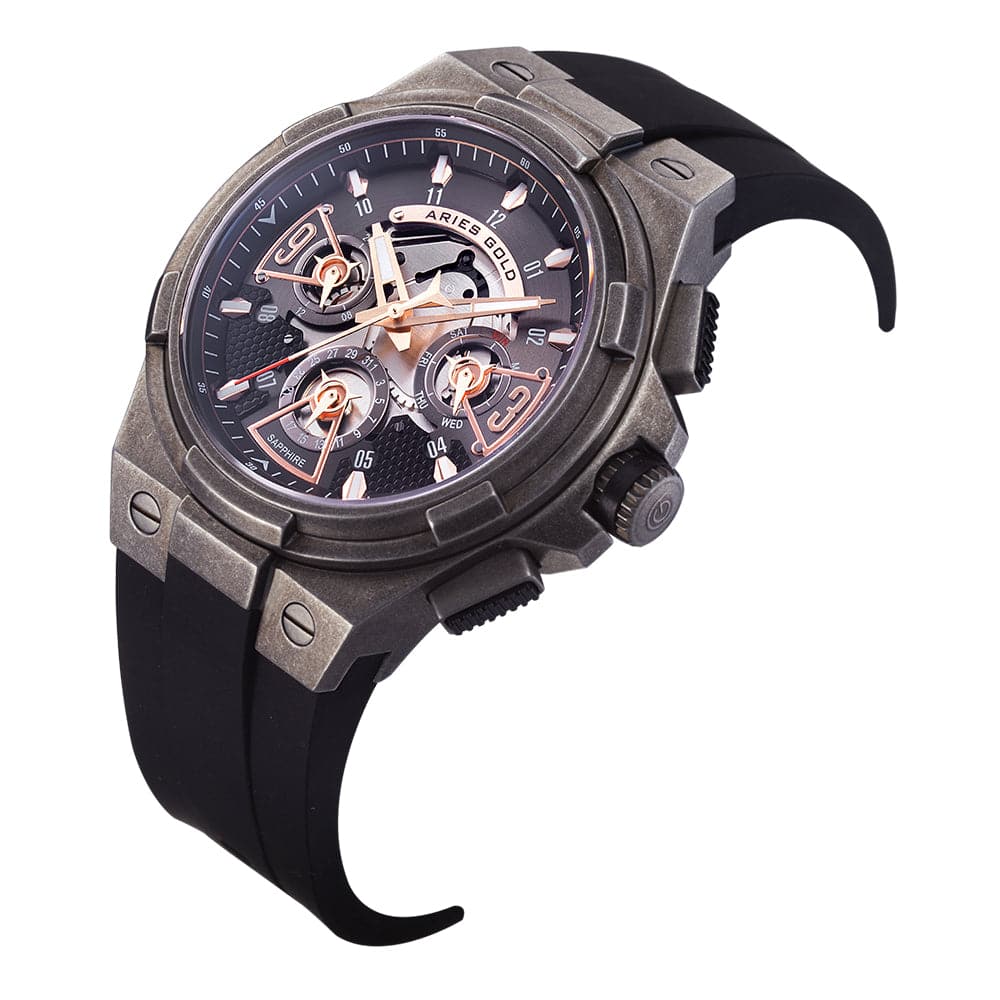 ARIES GOLD Analog Stainless Steel Men's Watch with Black Rubber Strap - Water Resistant, Durable for Everyday Wear, Sports & Outdoor Activities