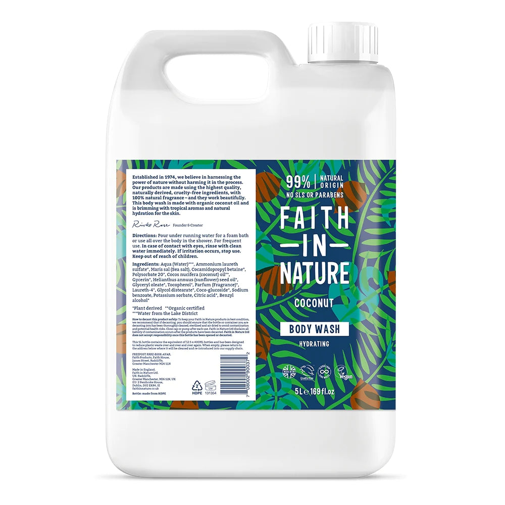 Faith In Nature Coconut Body Wash Refill 5L - Natural & Hydrating Coconut Body Wash for Dry Skin - Perfect for Shower, Bath & Spa Day at Home