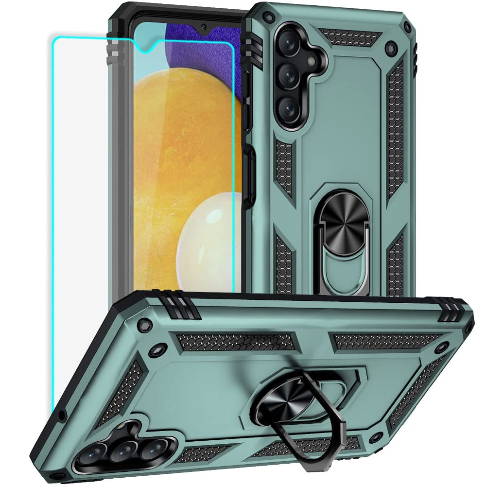 Premium Shockproof Military Grade Case for Samsung Galaxy A13 5G & A04s - Silicone Protective Phone Cover with Built-in Screen Protector & Ring Kickstand (Dark Green) | Perfect for Outdoor Activities, Travel, and Daily Protection