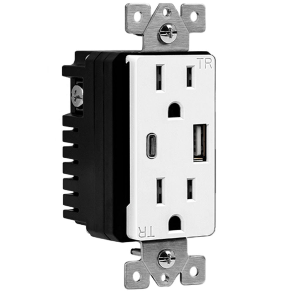 15 Amp Tamper Resistant Duplex Receptacle with 3.6A USB C/A Outlet - White | Electrical Outlet with USB Charging Ports for Home, Office & Commercial Use