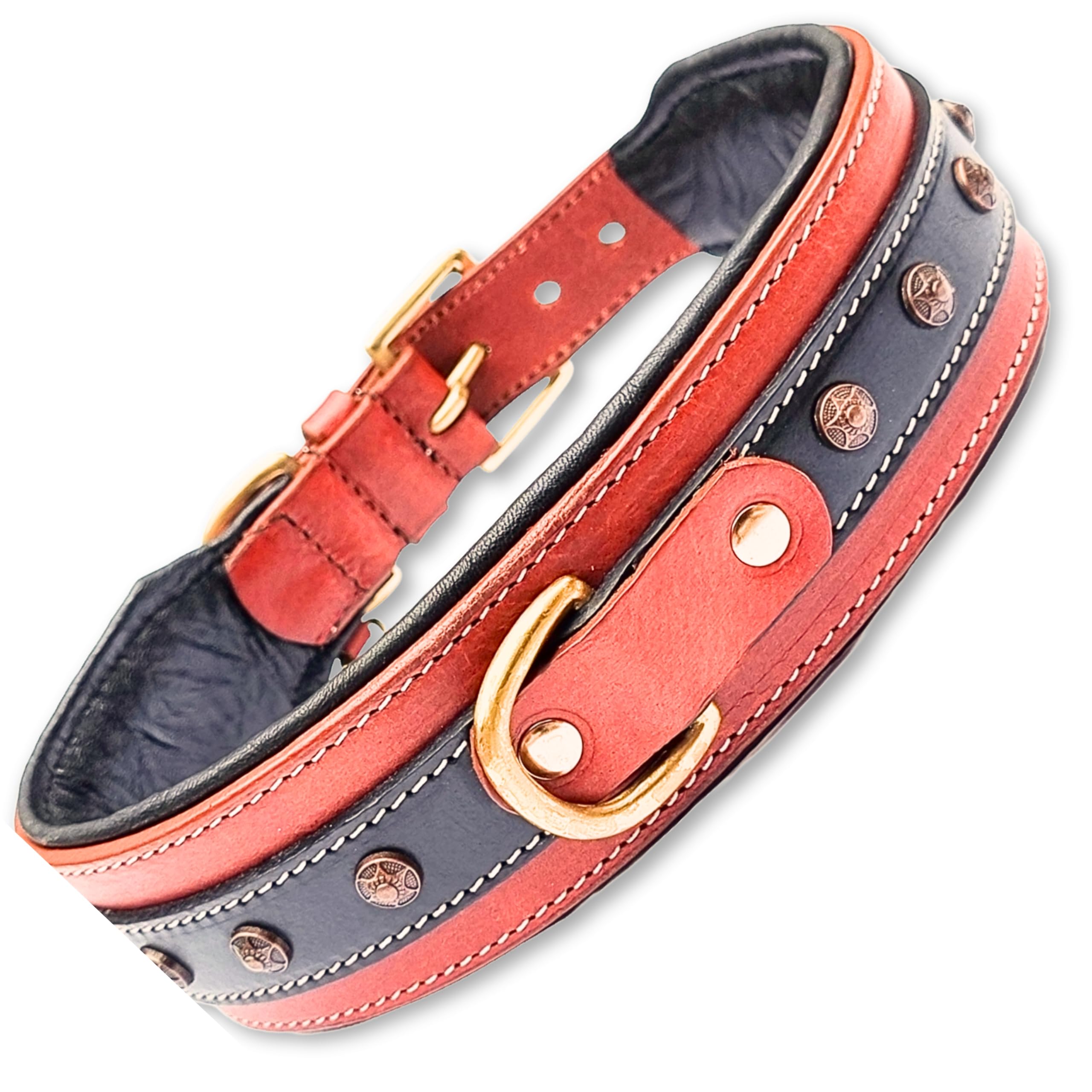 Premium Genuine Leather Dog Collar with Soft Padding & Brass Studs - 2 Inch Wide Adjustable Pet Collar for Medium Dogs - Durable & Comfortable for Daily Walks, Training & Outdoor Adventures