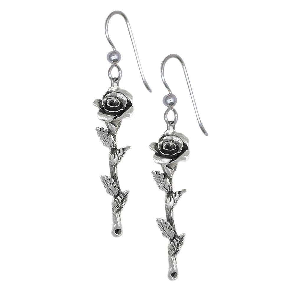 Sterling Silver Long Stem Rose Earrings - Handmade Floral Jewelry for Women - Perfect for Weddings, Date Nights & Special Occasions