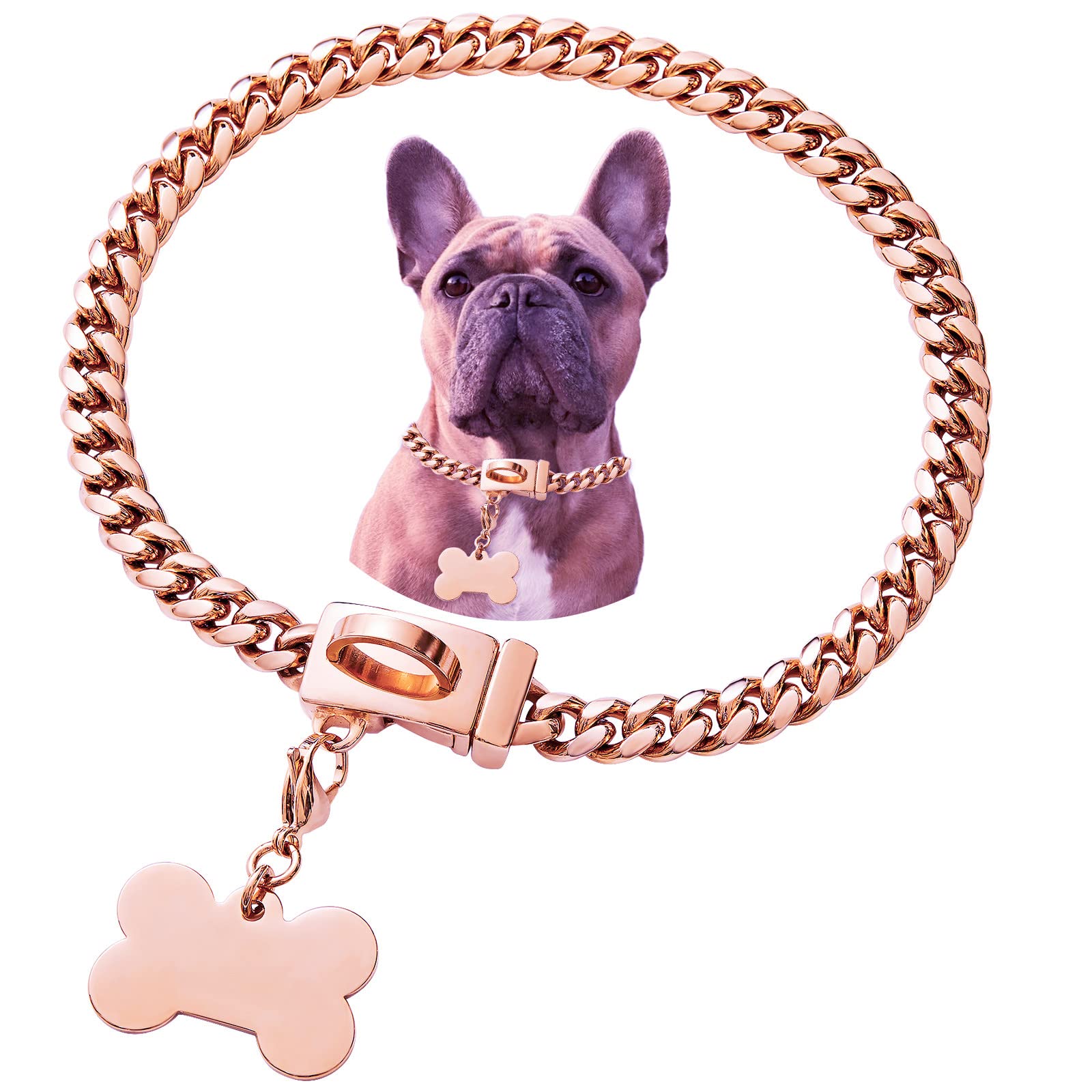 Stainless Steel Buckle Dog Collar - Waterproof Anti-Chew Pet Necklace for Bulldogs in Rose Gold, Black & Silver | Durable Cuban Chain Collar for Walking, Training & Fashion Accessories
