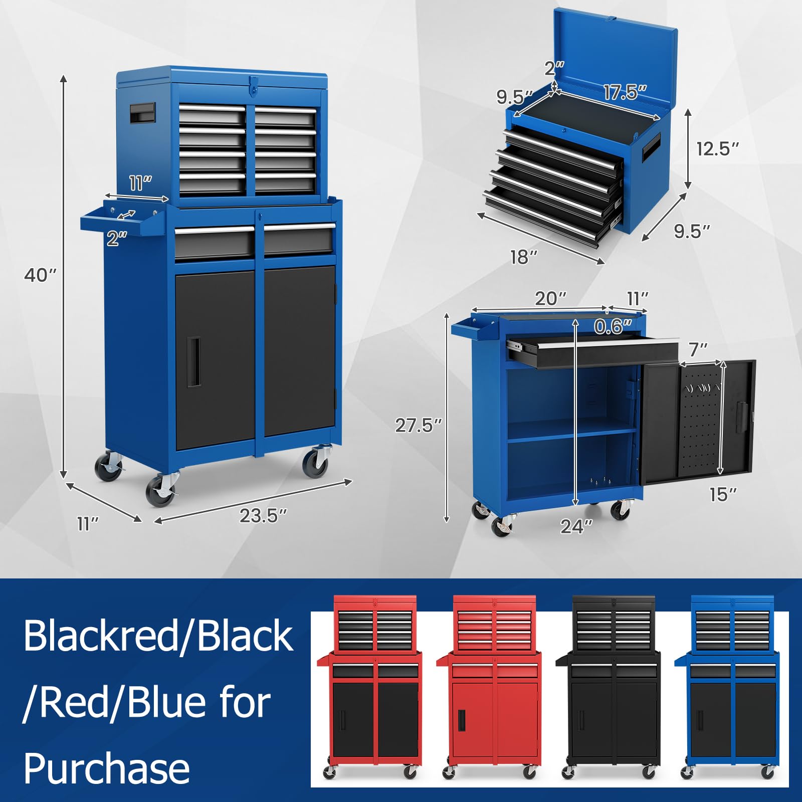 ERGOMASTER Heavy Duty 5-Drawer Rolling Tool Chest with Lockable Cabinet - Removable Storage for Garage, Workshop & DIY Projects - Durable Blue Tool Box for Professional Mechanics & Home Improvement