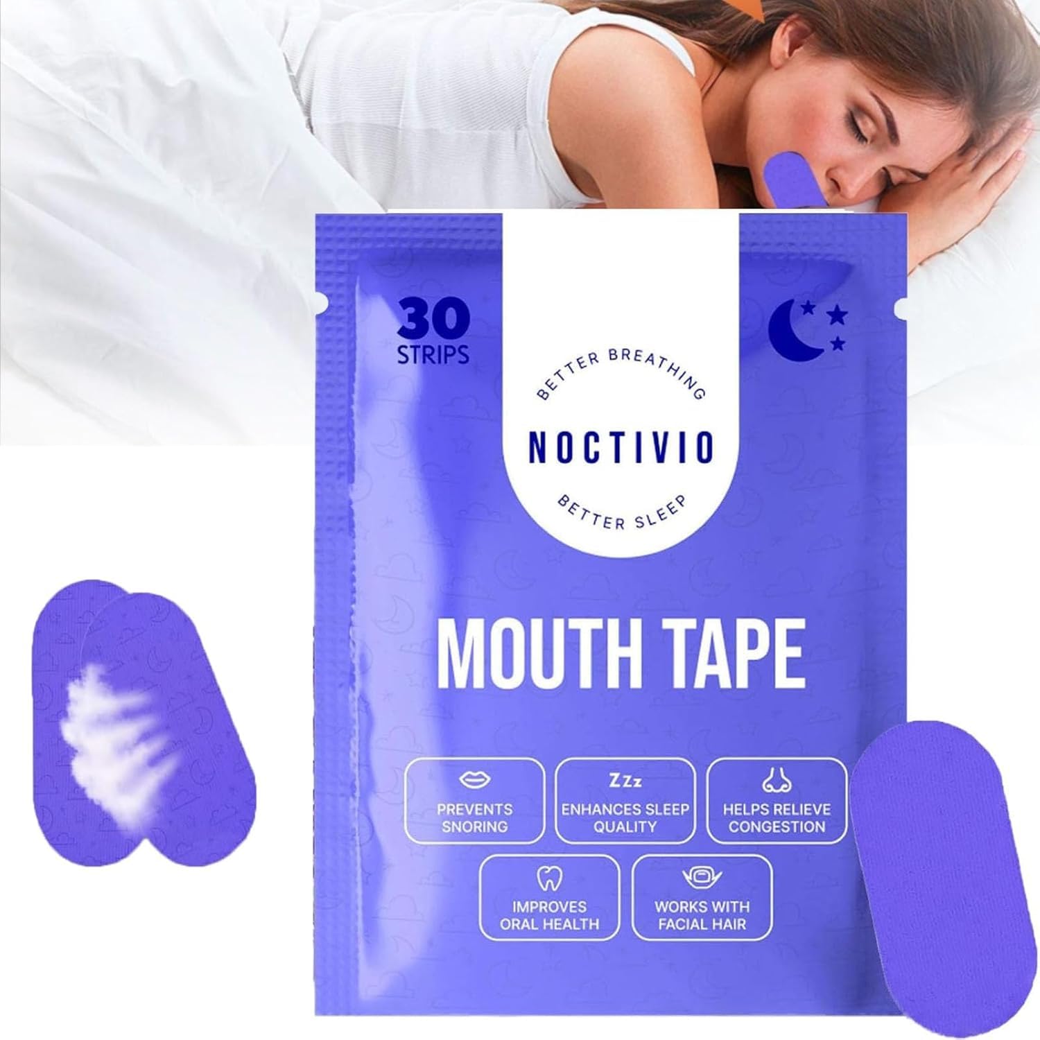 Noctivo Anti-Snoring Mouth Tape for Sleep Apnea - Breathable Sleeping Aid to Stop Snoring & Mouth Breathing - 1 Pack - Perfect for Nighttime Use and Travel