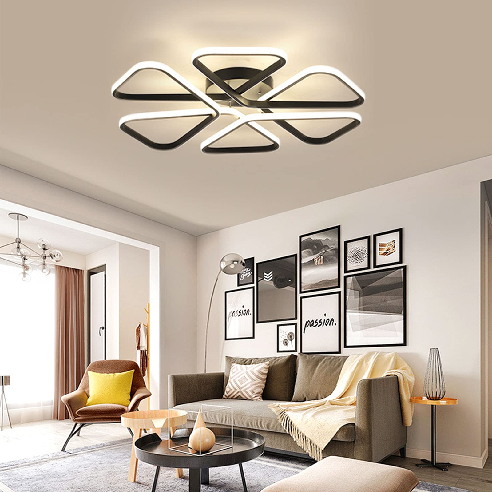 TFCFL 6-Light Dimmable Ceiling Fixture - Modern Black Flush Mount Light (10cm Height, 58cm Diameter) for Bedroom, Living Room & Kitchen Lighting