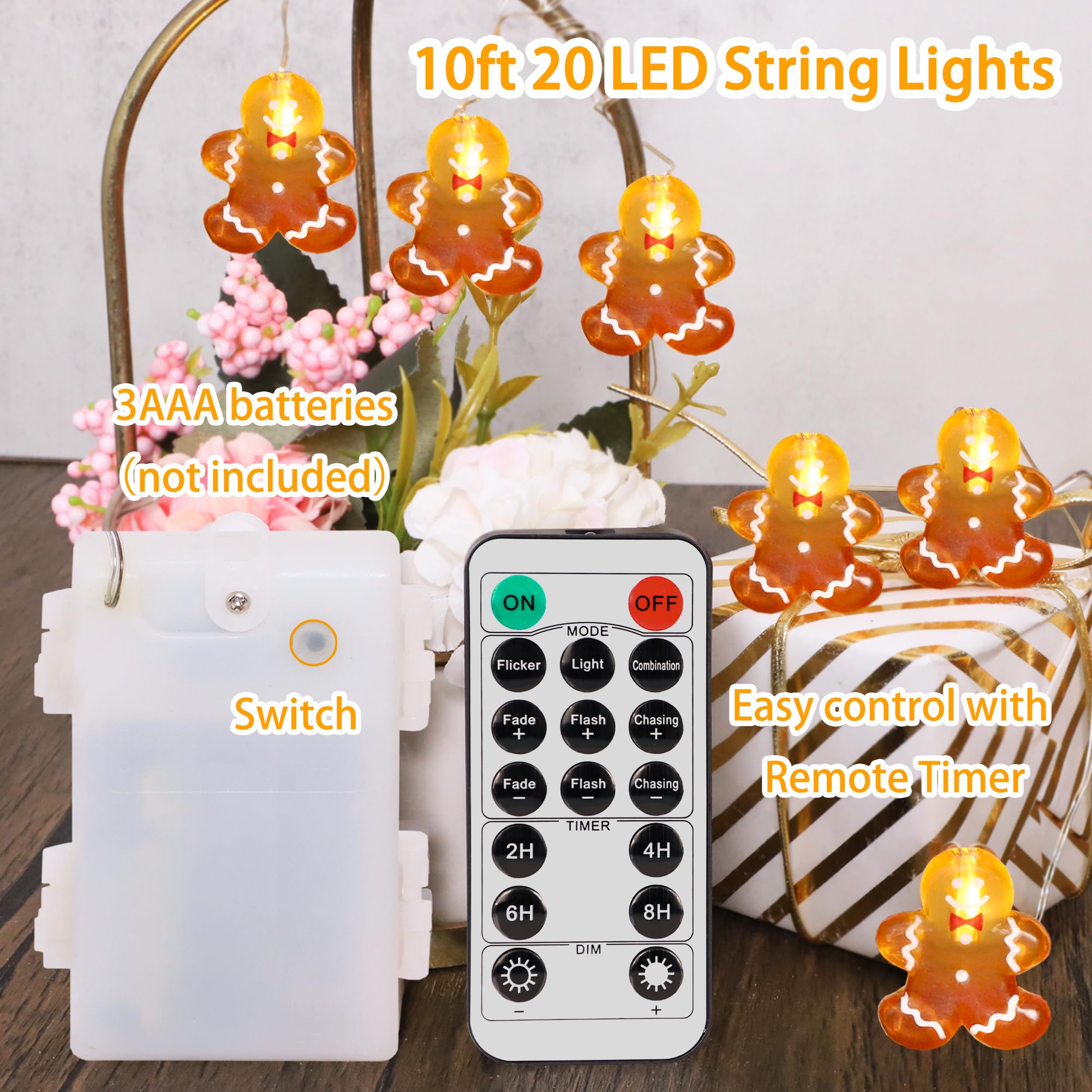 Christmas Gingerbread LED String Lights - 10ft 20 LEDs with Remote for Holiday Decor