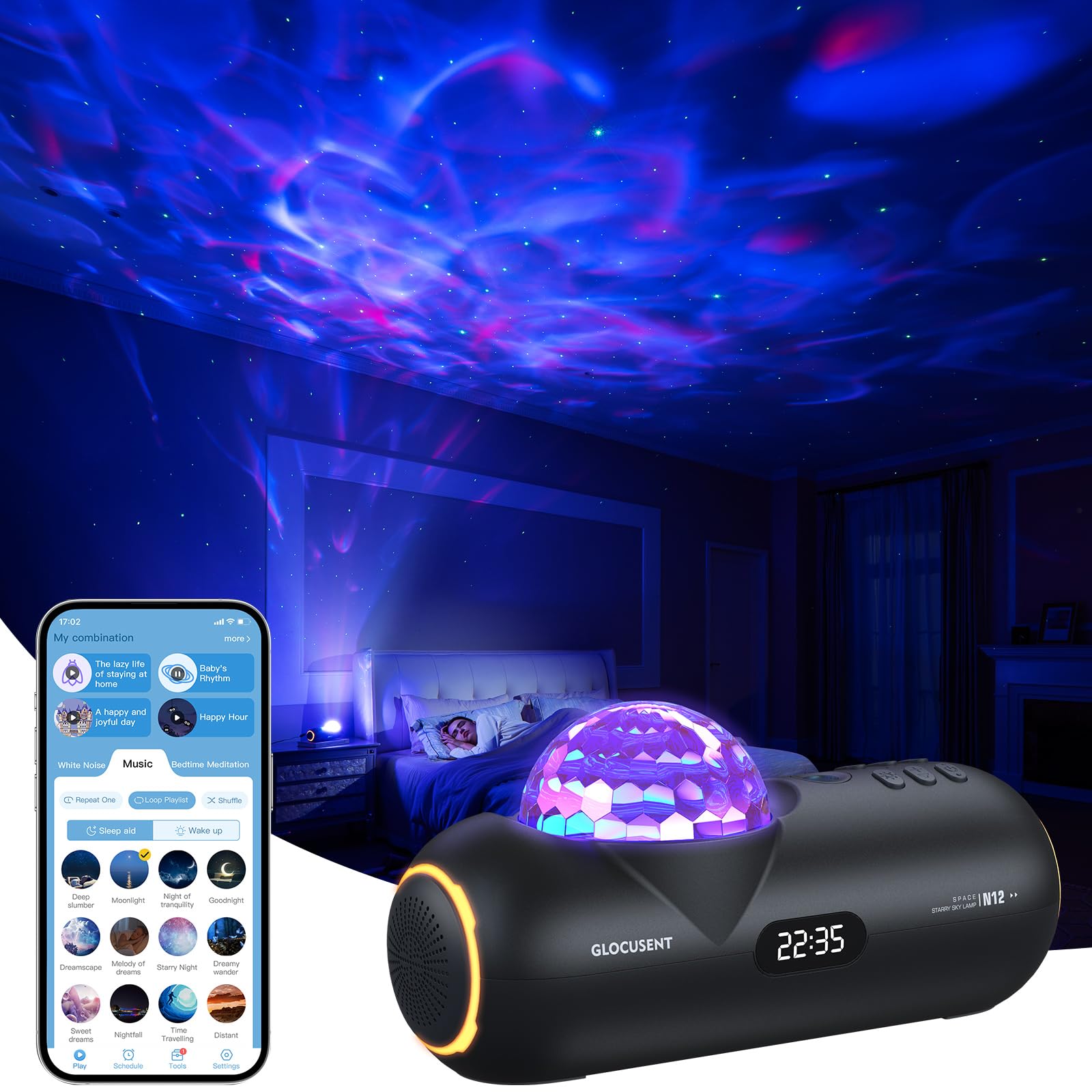 Glocusent Galaxy Star Projector with White Noise Machine & Bluetooth Speaker - 60 Soothing Sounds for Deep Sleep, Baby Nursery & Meditation | HiFi Audio, App Control (2.4G WiFi) | Perfect for Bedroom, Kids Room & Relaxation Spaces