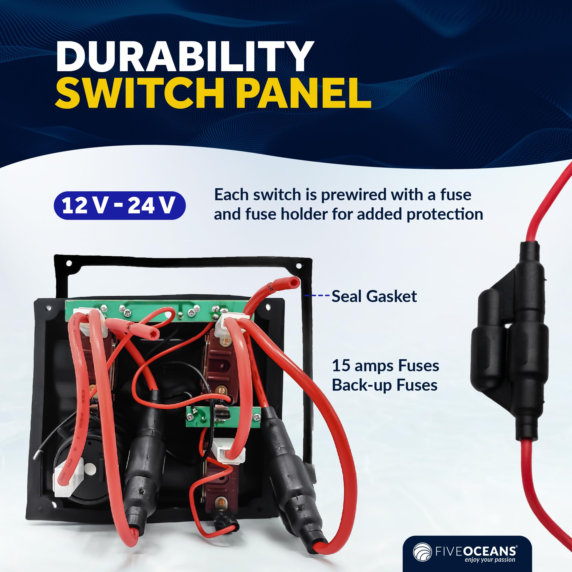 Five Oceans LED Marine Switch Panel - Waterproof 12-24V Toggle Switch Panel with Labels for Boats & Yachts | Perfect for Dashboards, Control Panels & Marine Electrical Systems