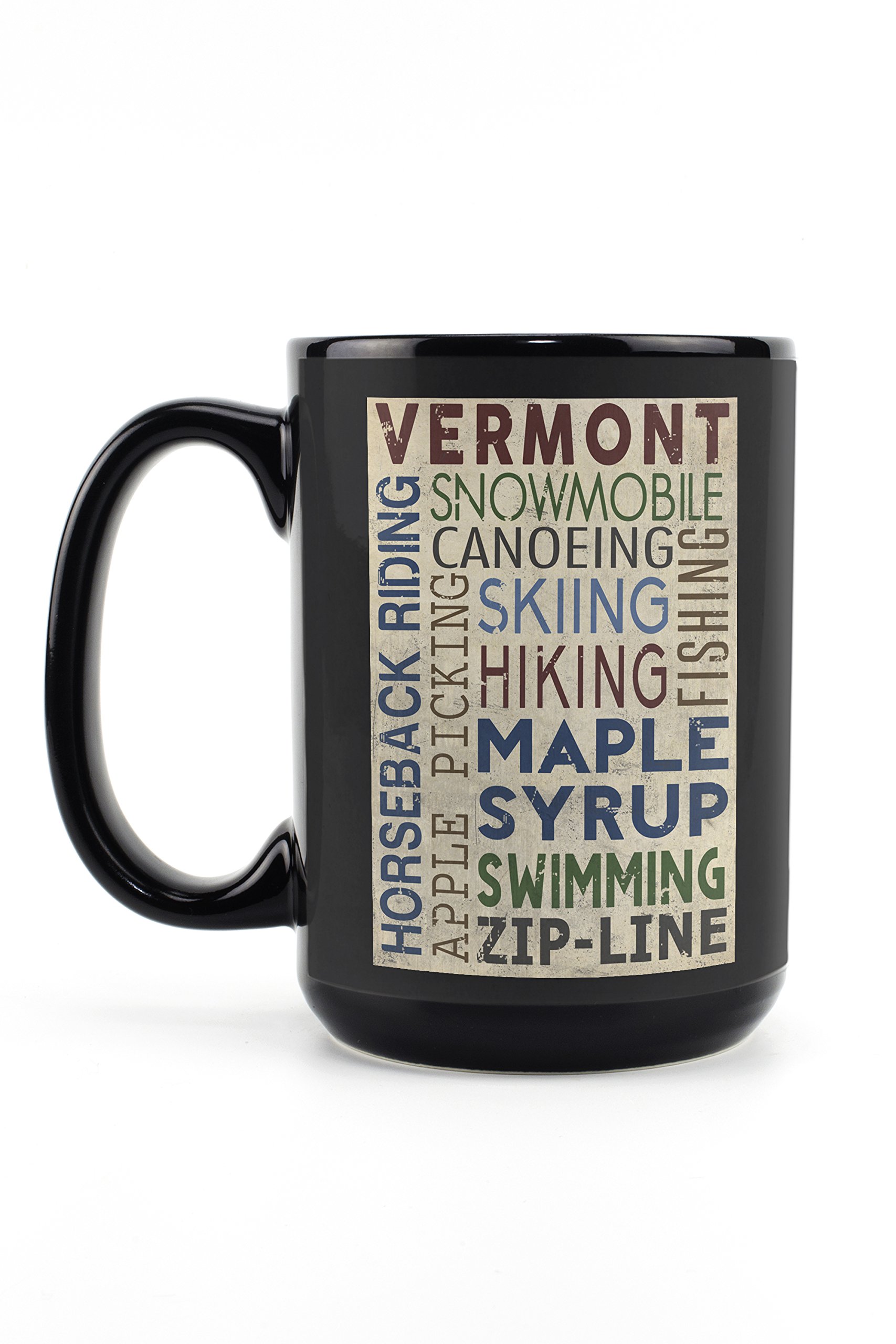 Vermont Typography 15oz Black Ceramic Coffee Mug - Microwave & Dishwasher Safe - Perfect for Home, Office & Gifts