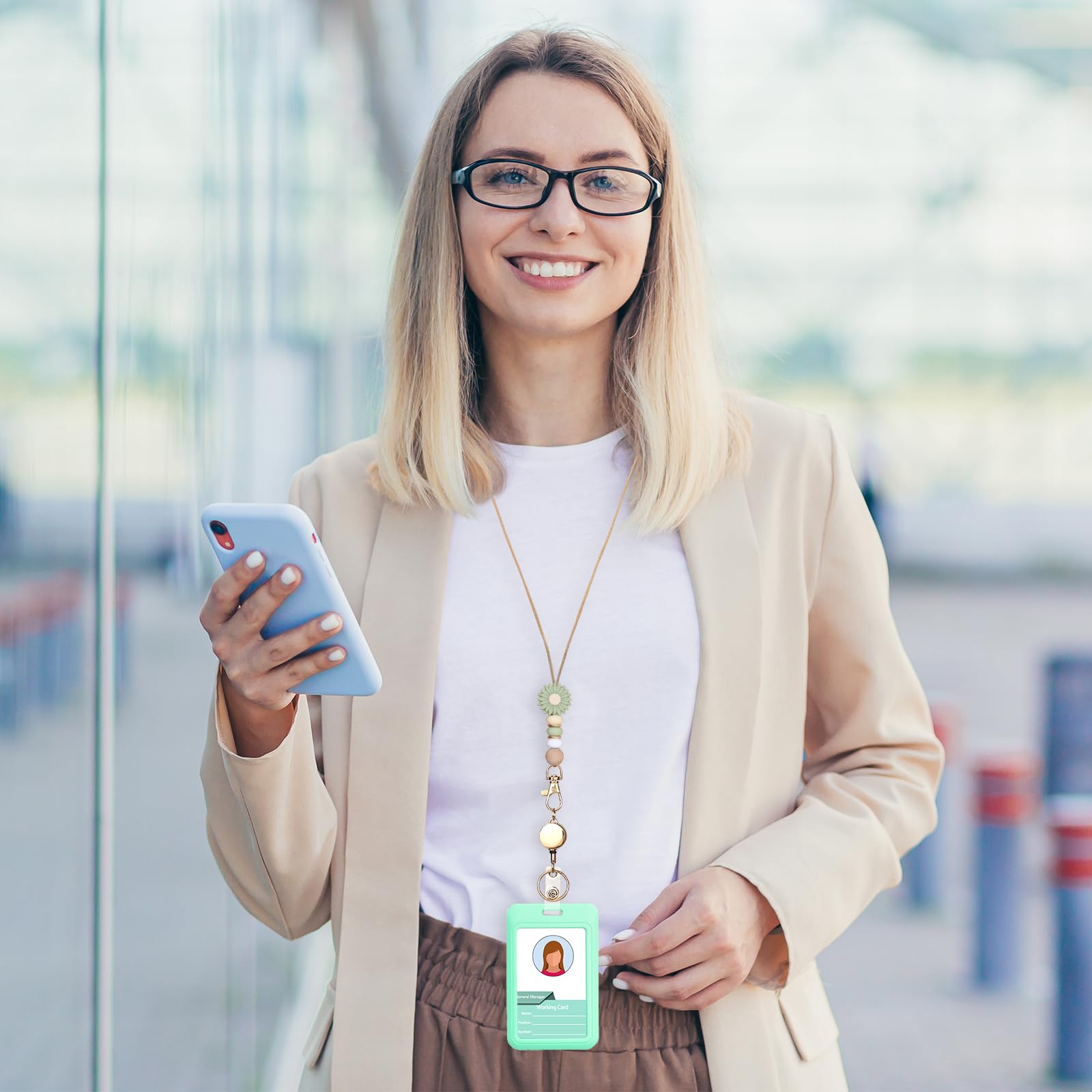 Colorful Silicone Bead ID Badge Holder & Breakaway Lanyard Set - Retractable Badge Reel with Keychain for Teachers, Nurses, Office Professionals - Perfect for School, Hospital & Workplace (Green Daisy Design)