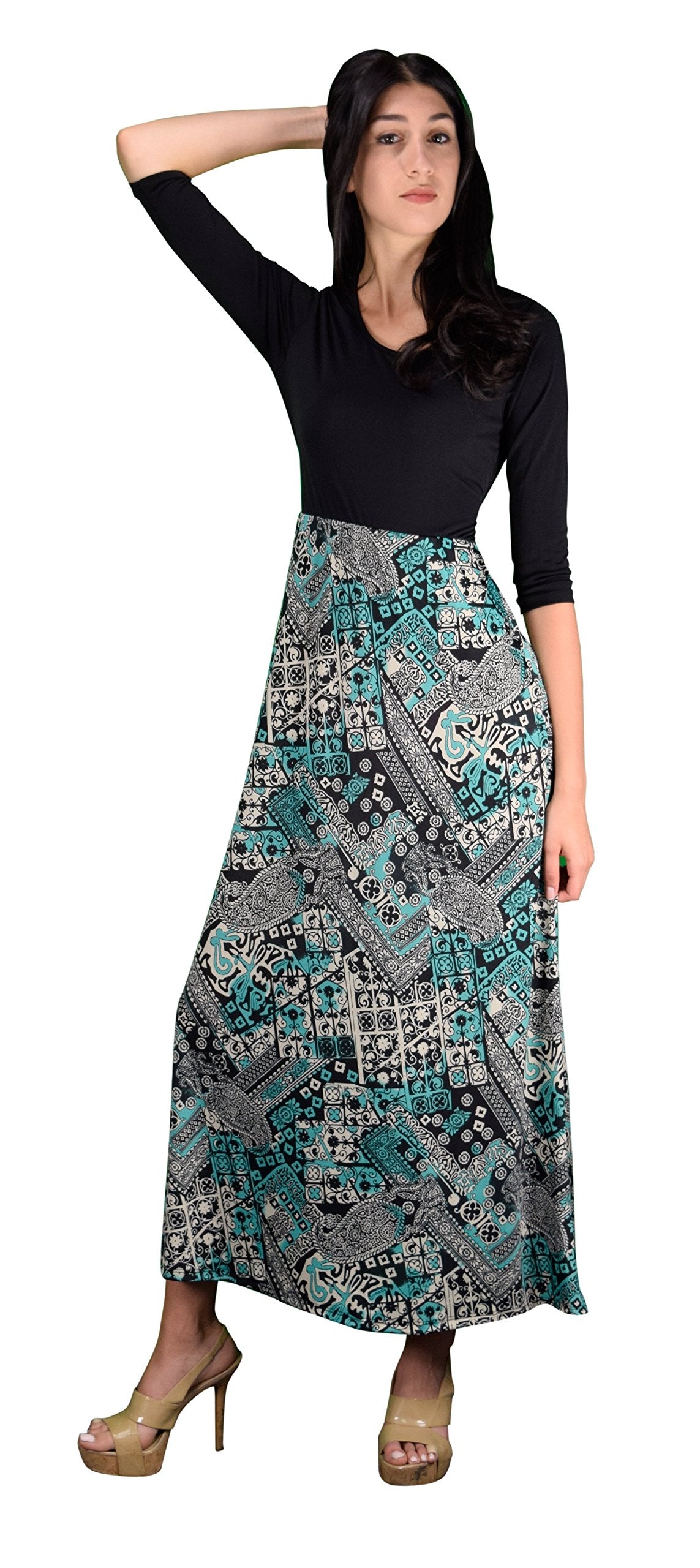 Women's Casual Summer Black Paisley Print Maxi Dress with Elastic Waist - Perfect for Beach Vacations, Date Nights & Summer Parties
