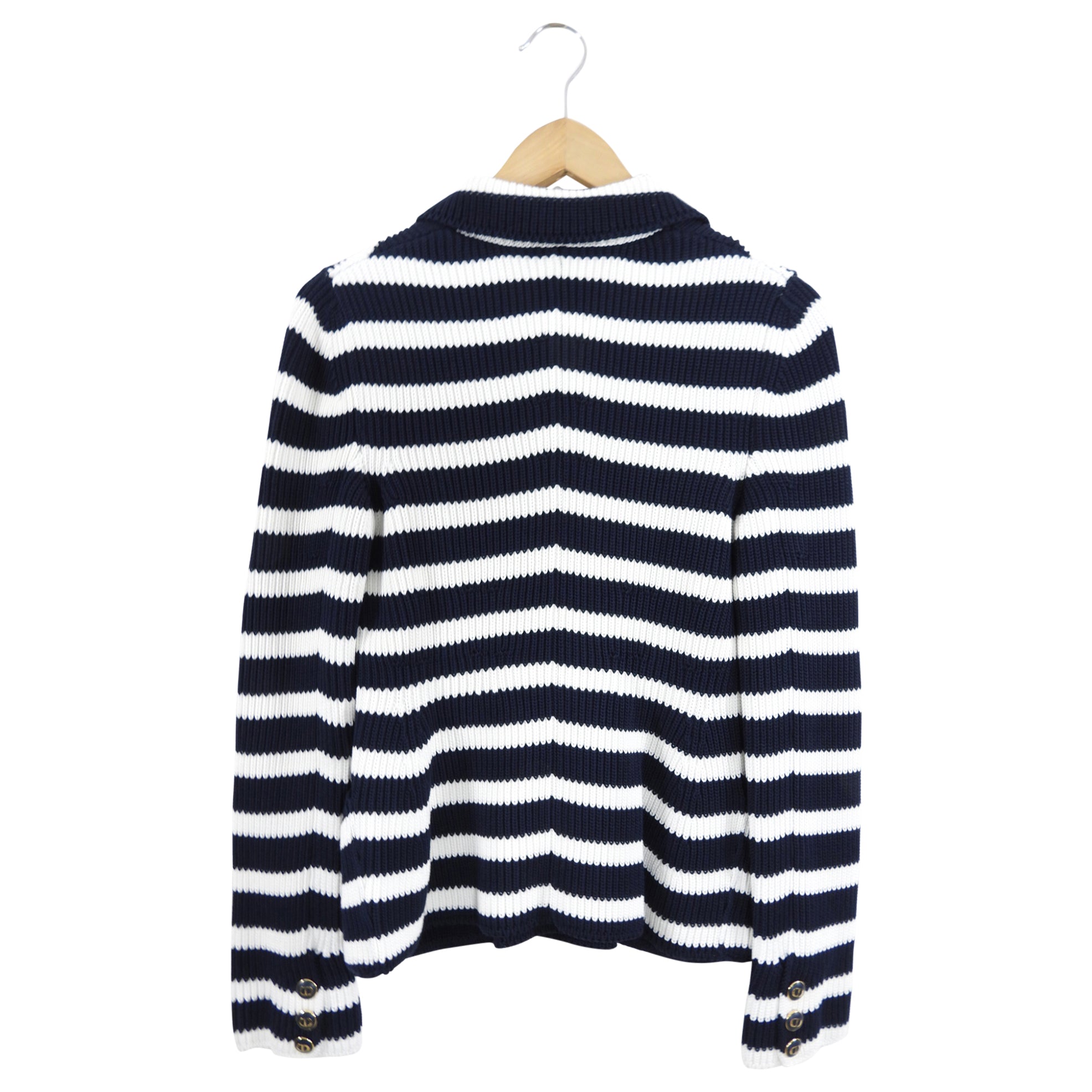 Christian Dior Cotton Stripe Sweater Jacket with CD Buttons - Women's Casual Knit Cardigan (Size S/M) | Perfect for Office Wear, Date Nights & Fall Layering