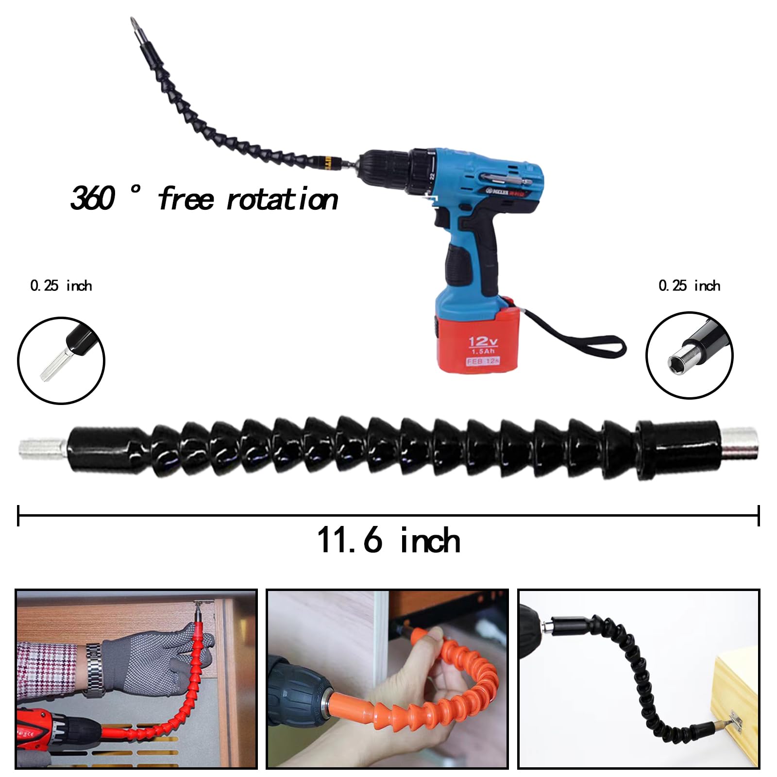 Flexible Drill Bit Extension Set with 105° Right Angle Drill Attachment - 3PCS 1/4