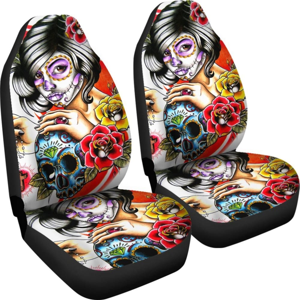 2 Pcs Day of The Dead Sugar Skull Girl Car Seat Covers - Mexican Folk Art Design, Universal Fit for Most Vehicles - Perfect for Halloween, Dia de Los Muertos & Car Decorations