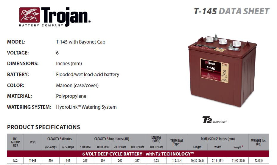 Trojan T 145 Deep Cycle Battery 6 Volt 260Ah - Perfect for Golf Carts, Marine & RV Power, Solar Energy Storage, and Off-Grid Applications