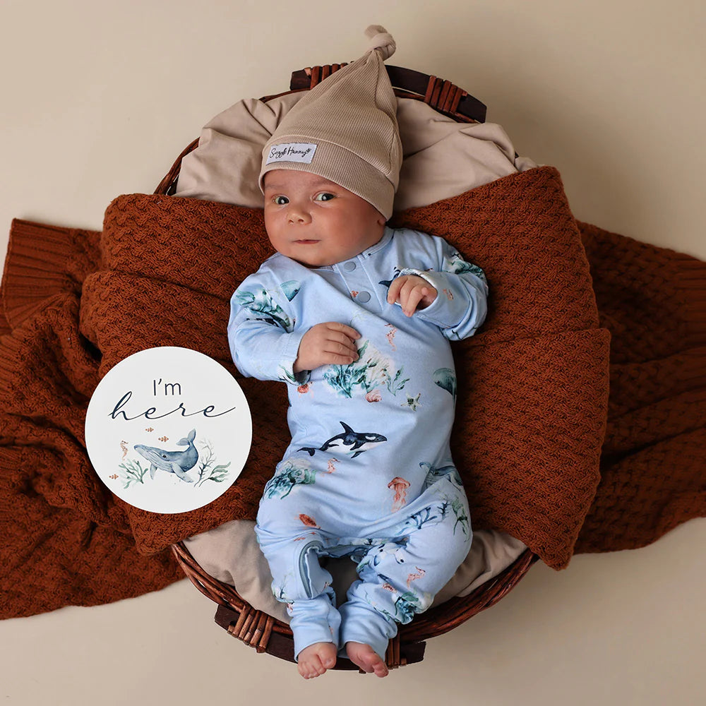 Organic Baby Growsuit - Snuggle Hunny Soft Cotton One-Piece Pajama - Blue Ocean Design for Newborns & Infants - Perfect for Sleepwear, Playtime & Photo Shoots