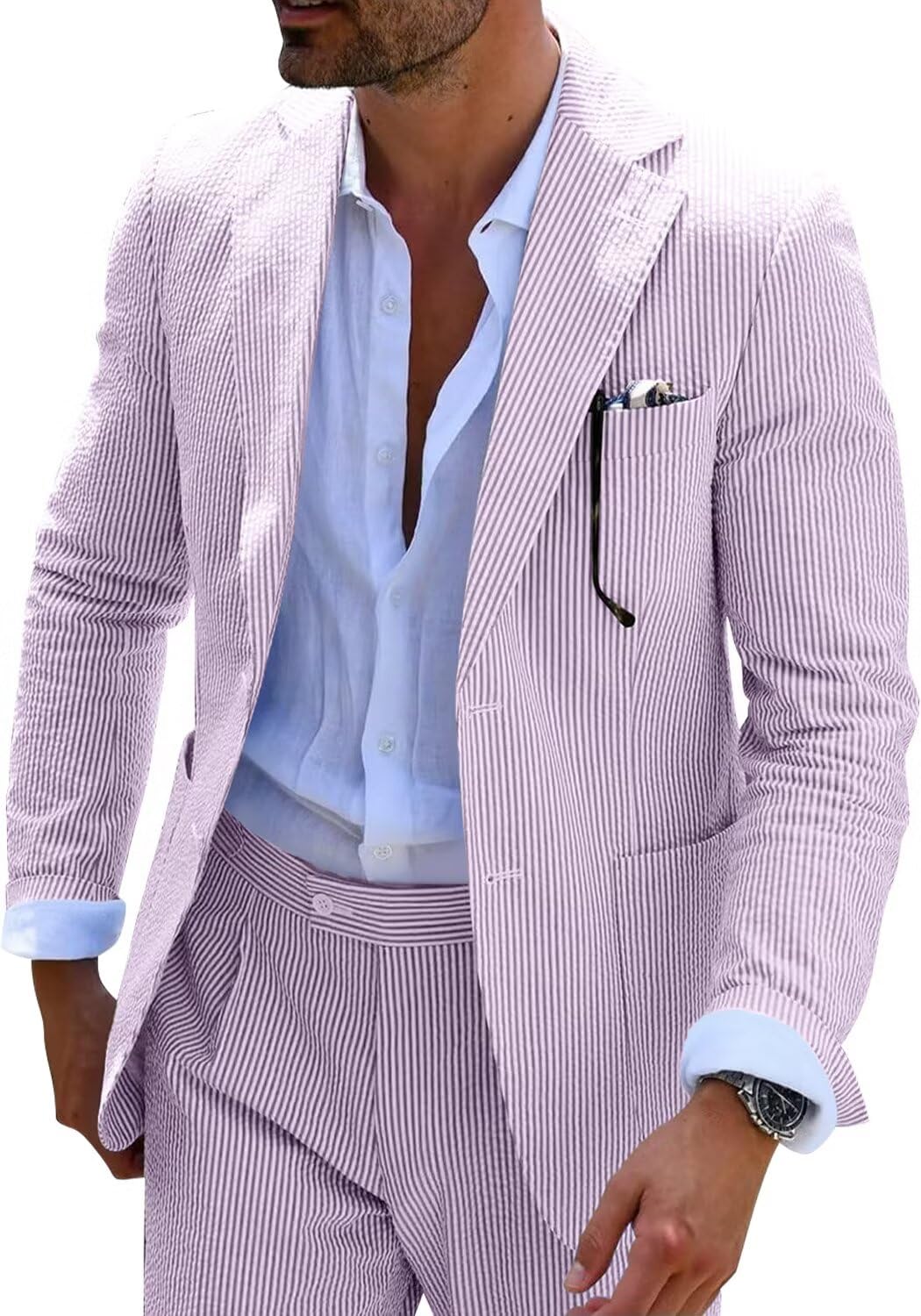 Men's Blue Seersucker Summer Suit Slim Fit Formal Wedding Groom Attire - Perfect for Beach Weddings, Garden Parties & Summer Business Events
