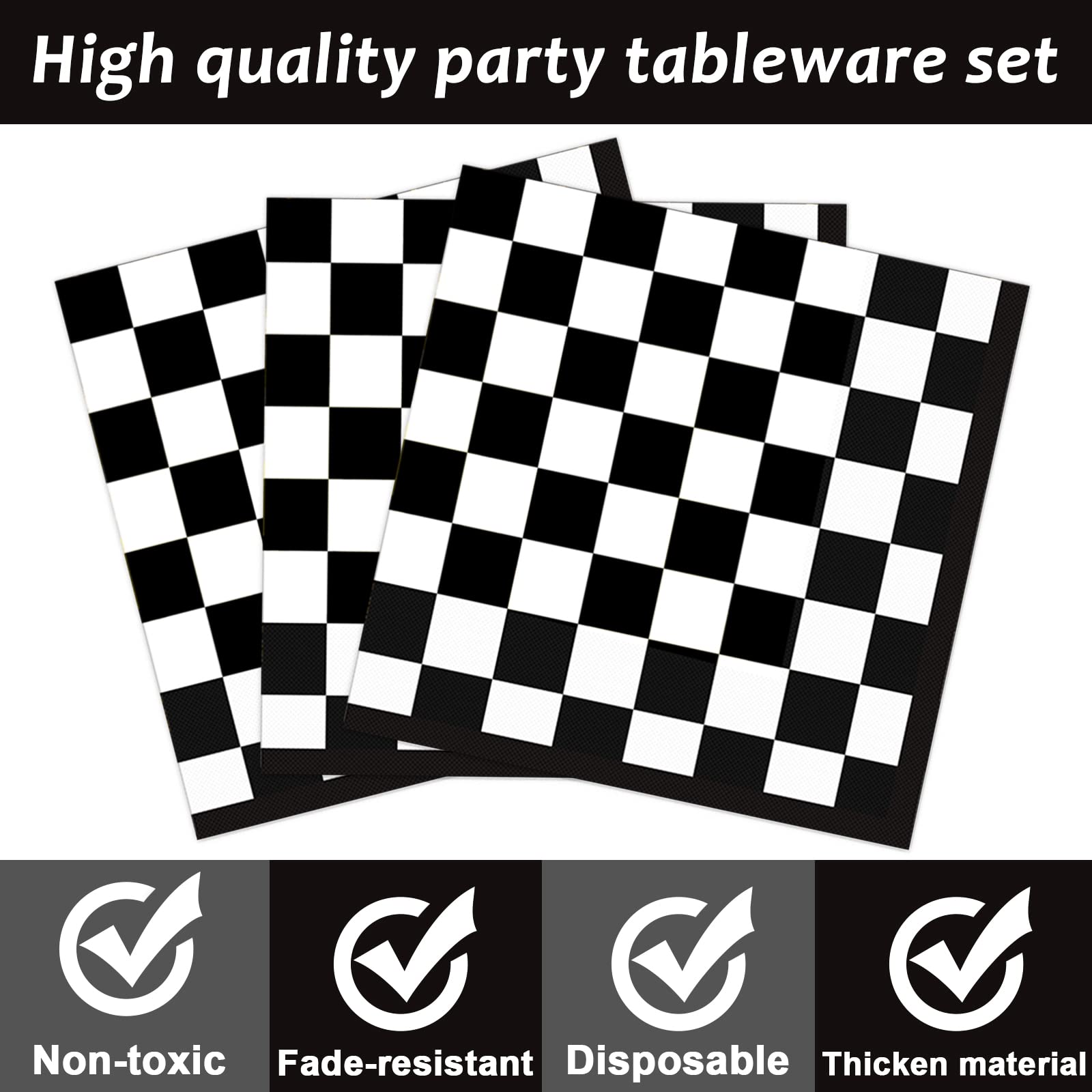 96-Piece Black and White Checkered Tableware Set - Racing Car Themed Plates, Napkins & Forks for 24 Guests - Perfect for Race Car Birthday Parties, Sports Events & Themed Dessert Tables