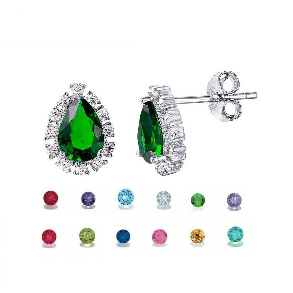 925 Sterling Silver Birthstone Teardrop Halo CZ Stud Earrings for Women & Girls - Elegant Minimalist Jewelry for Everyday Wear, Gifts & Special Occasions