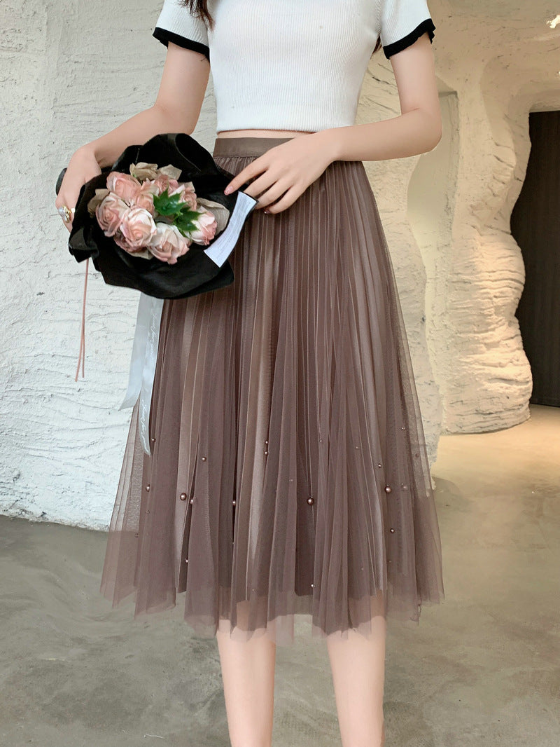 Beaded Mesh High Waist Fairy Pleated Midi A-Line Skirt for Women | Elegant Boho Summer Skirt for Beach, Party & Casual Wear | Style 731