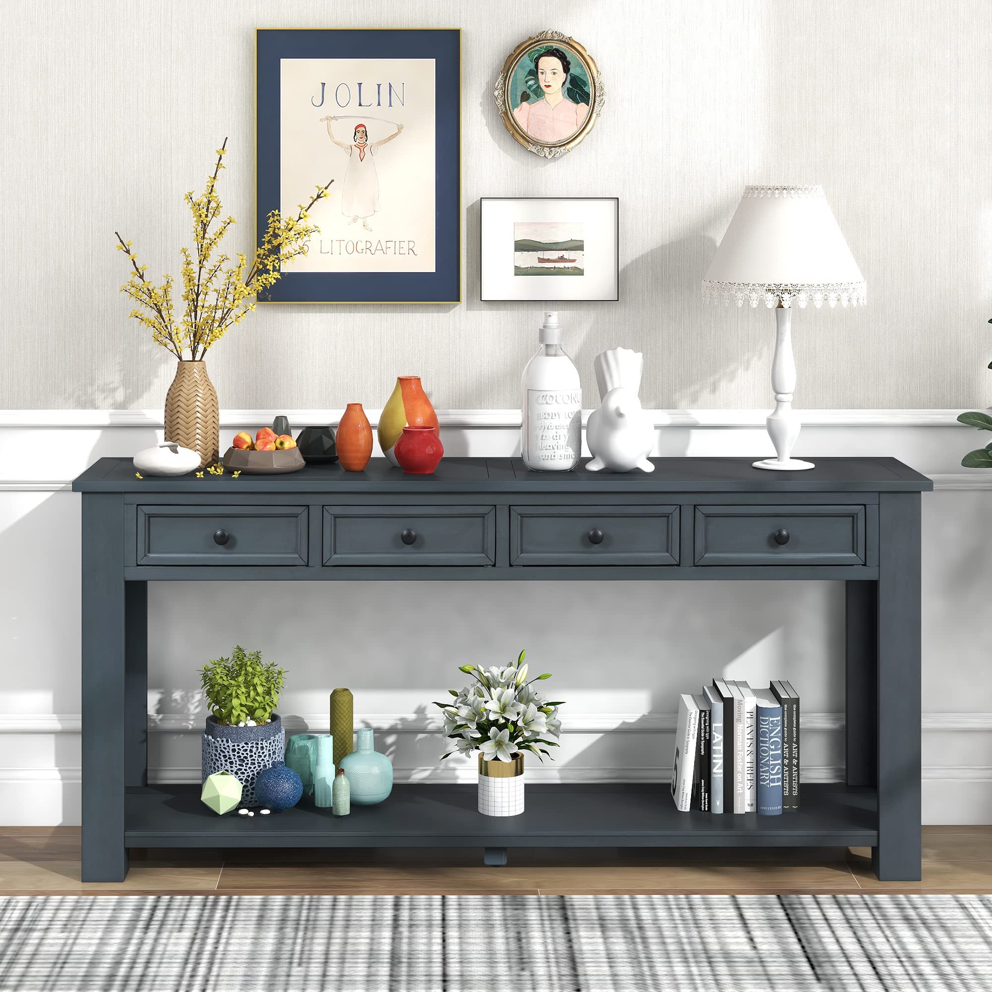 Vintage 4-Drawer Entryway Console Table with Metal Handles & Open Shelf - 63