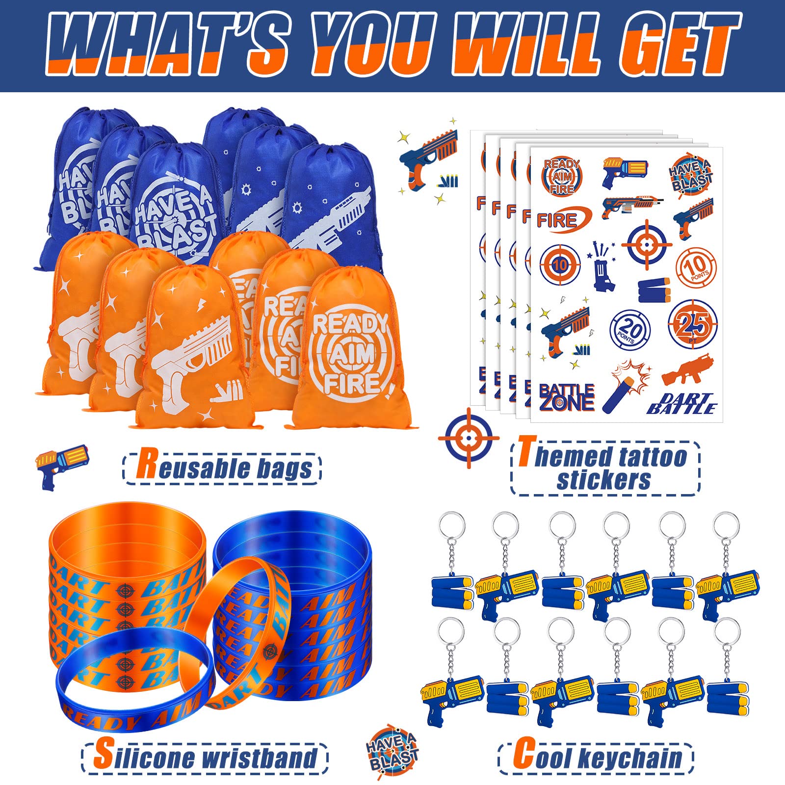 Sureio 288 Pcs Dart Battle Party Supplies Set - Includes War Party Favors, Goody Bags, Silicone Bracelets, Keychains & Temporary Tattoos - Perfect for Battle Themed Birthday Parties, Nerf Wars & Team Building Events